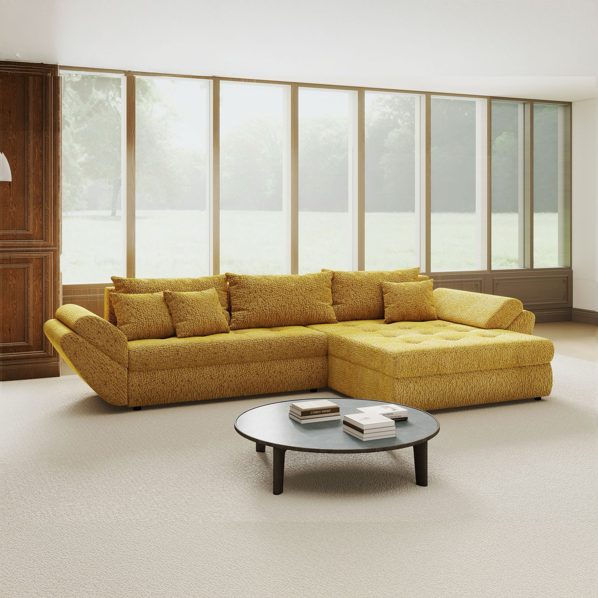 Colțar extensibil dumonde cu ladă de depozitare si sezut confortabil din spuma high-density, Loana Jaguar Galben mustar II 270x185 cm
