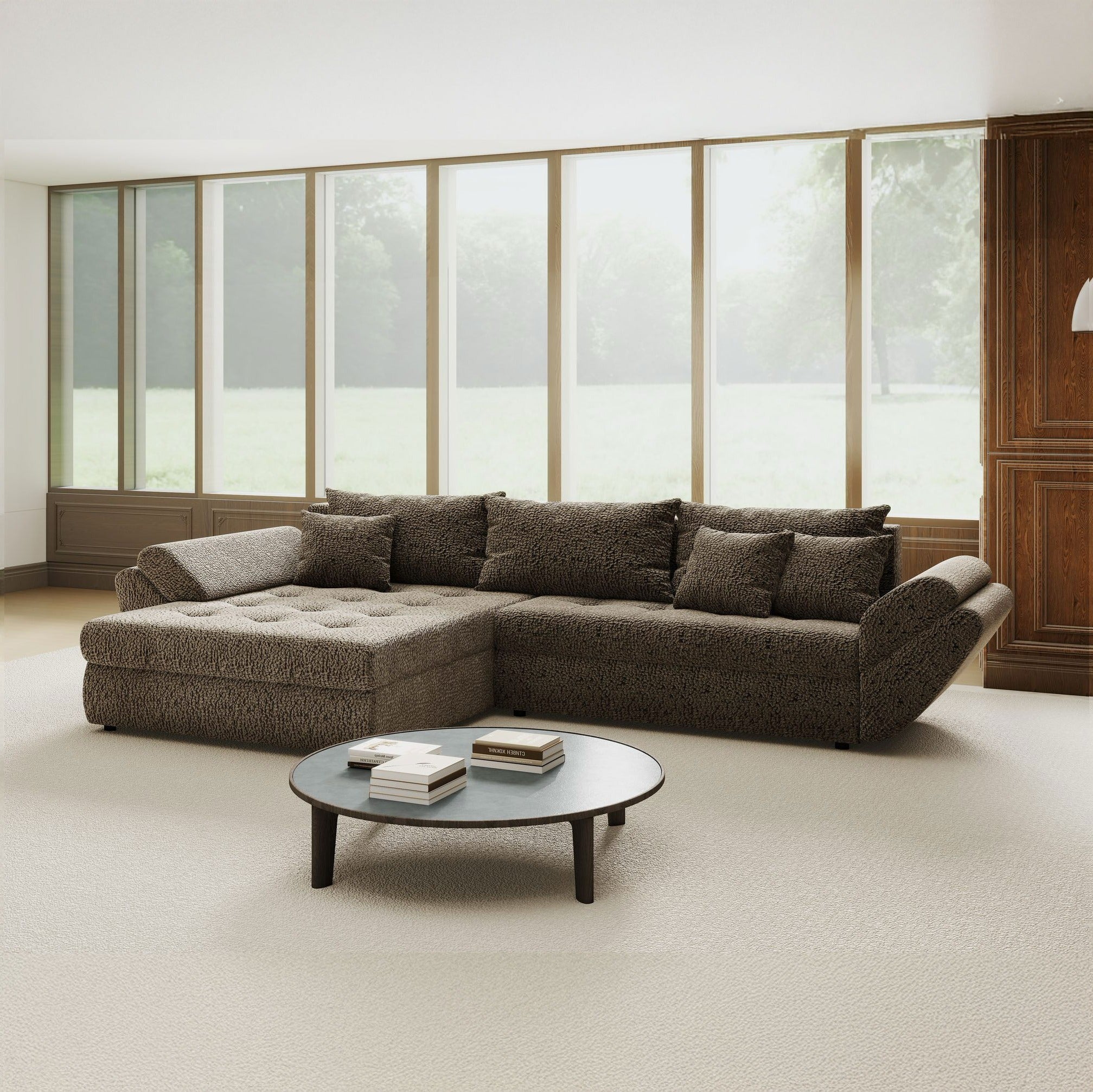 Colțar extensibil dumonde cu ladă de depozitare si sezut confortabil din spuma high-density, Loana Jaguar Maro  cappuccino 270x185 cm