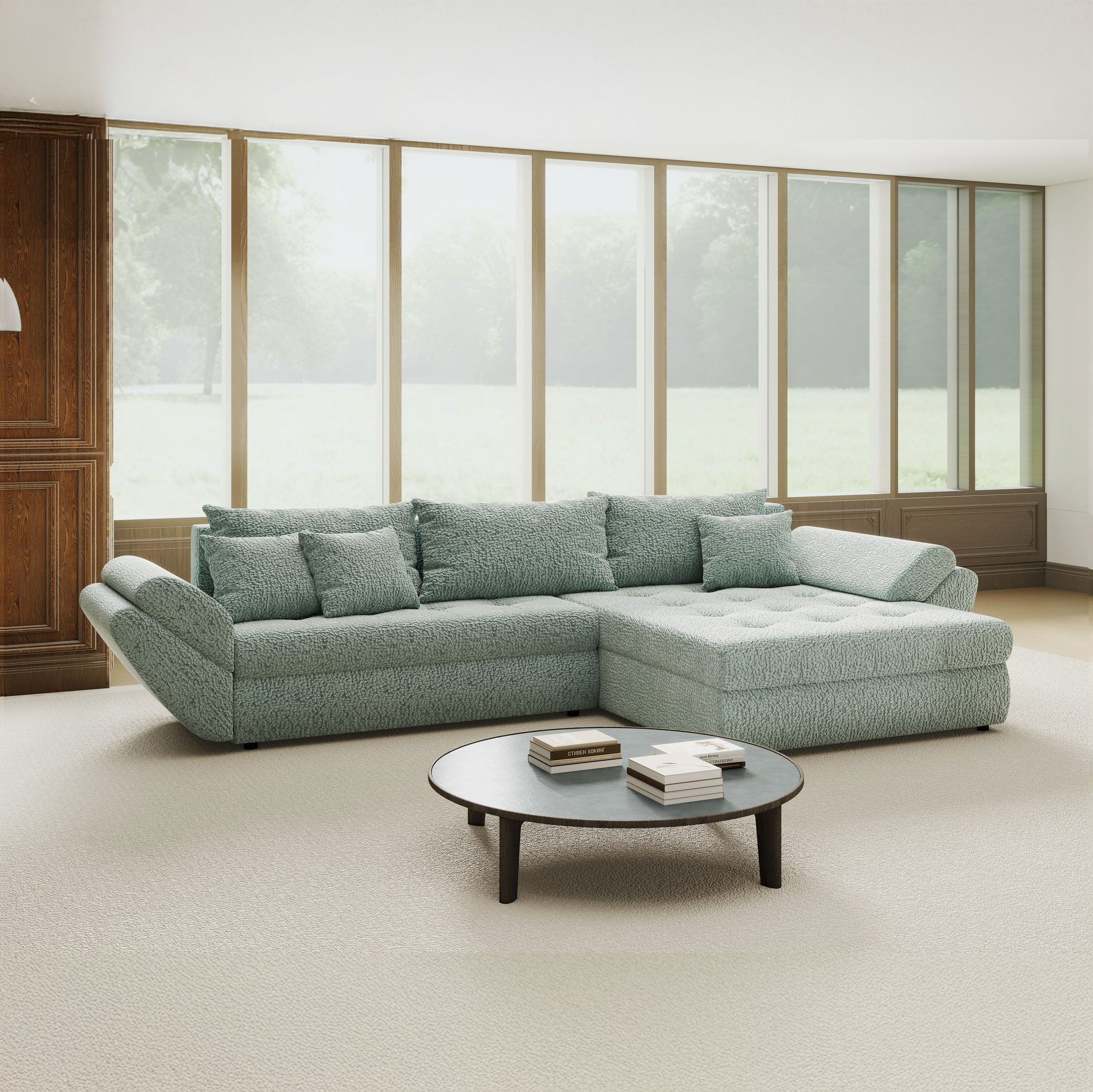Colțar extensibil dumonde cu ladă de depozitare si sezut confortabil din spuma high-density, Loana Jaguar Verde mint II 270x185 cm