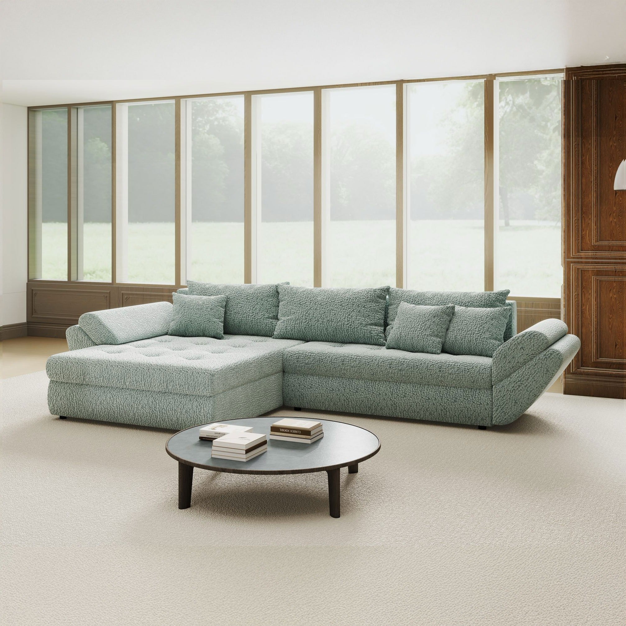 Colțar extensibil dumonde cu ladă de depozitare si sezut confortabil din spuma high-density, Loana Jaguar Verde mint 270x185 cm