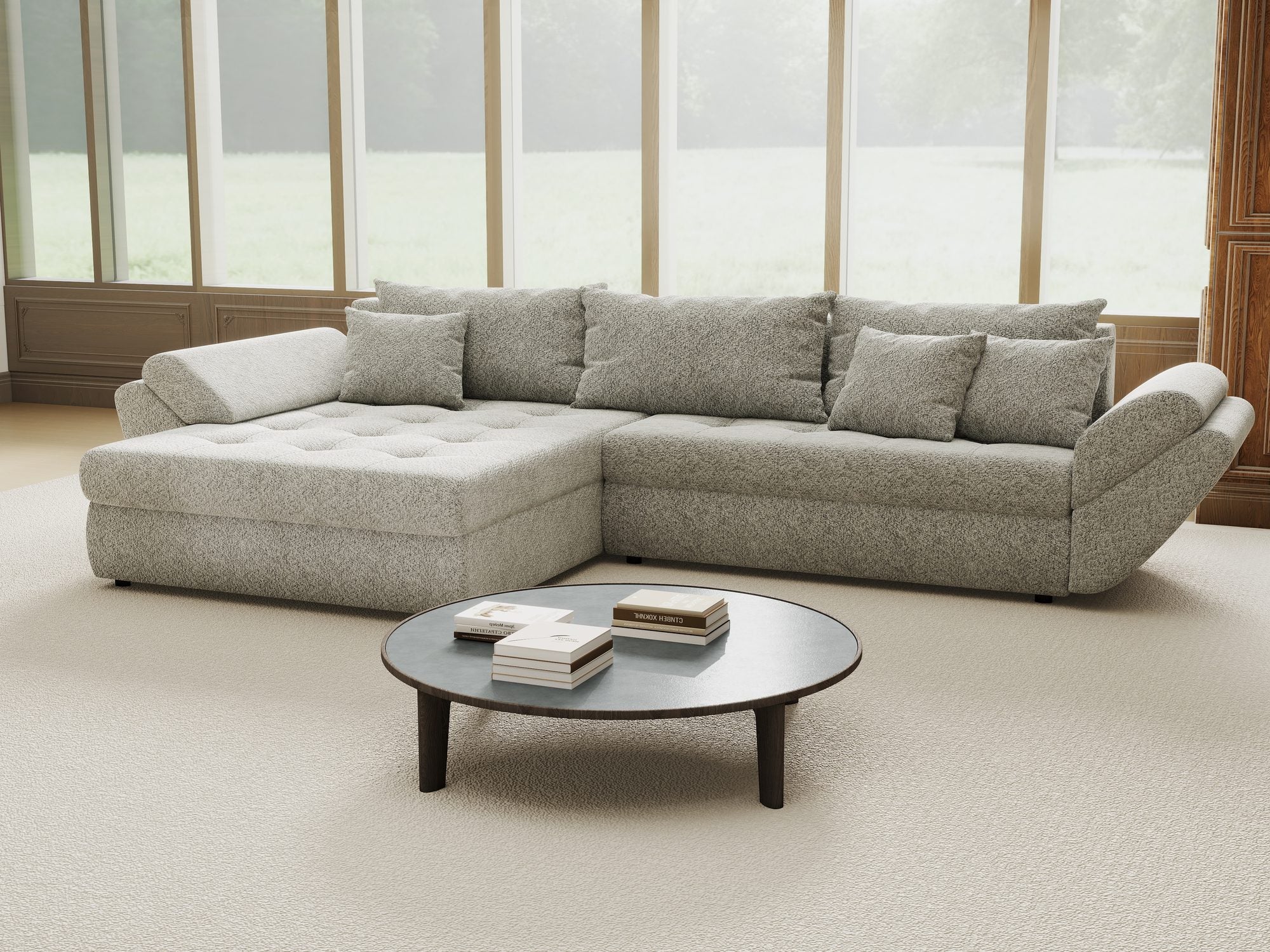 Colțar extensibil dumonde cu ladă de depozitare si sezut confortabil din spuma high-density, Loana Arena Gri 270x185 cm