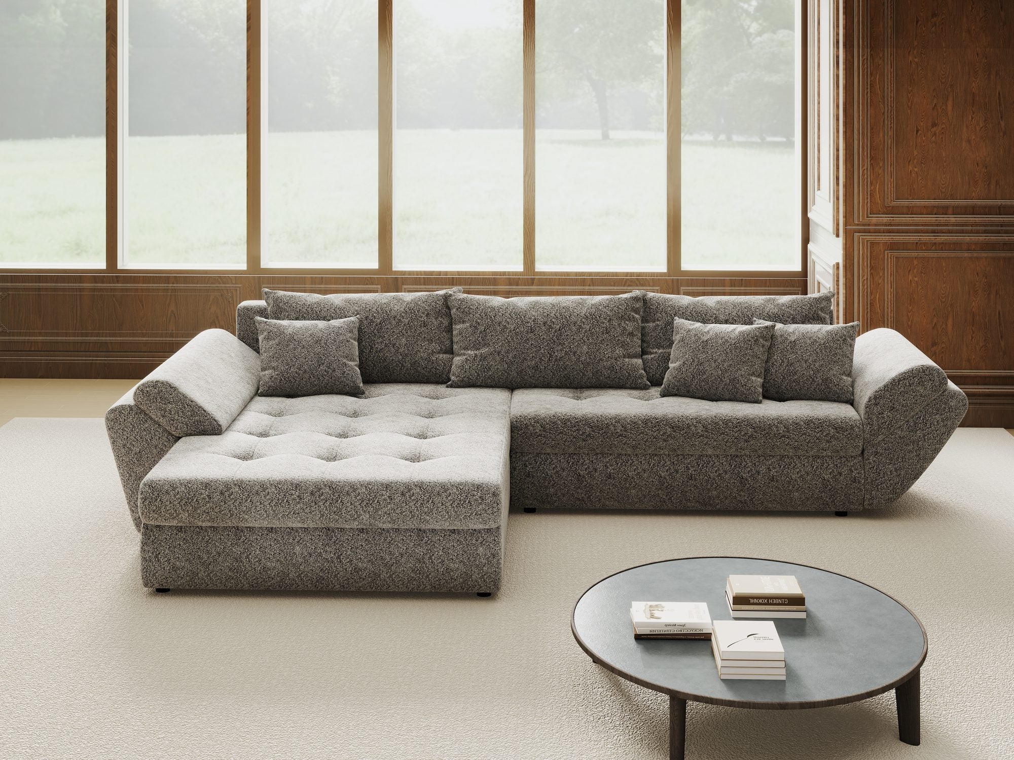 Colțar extensibil dumonde cu ladă de depozitare si sezut confortabil din spuma high-density, Loana Arena Gri grafit 270x185 cm