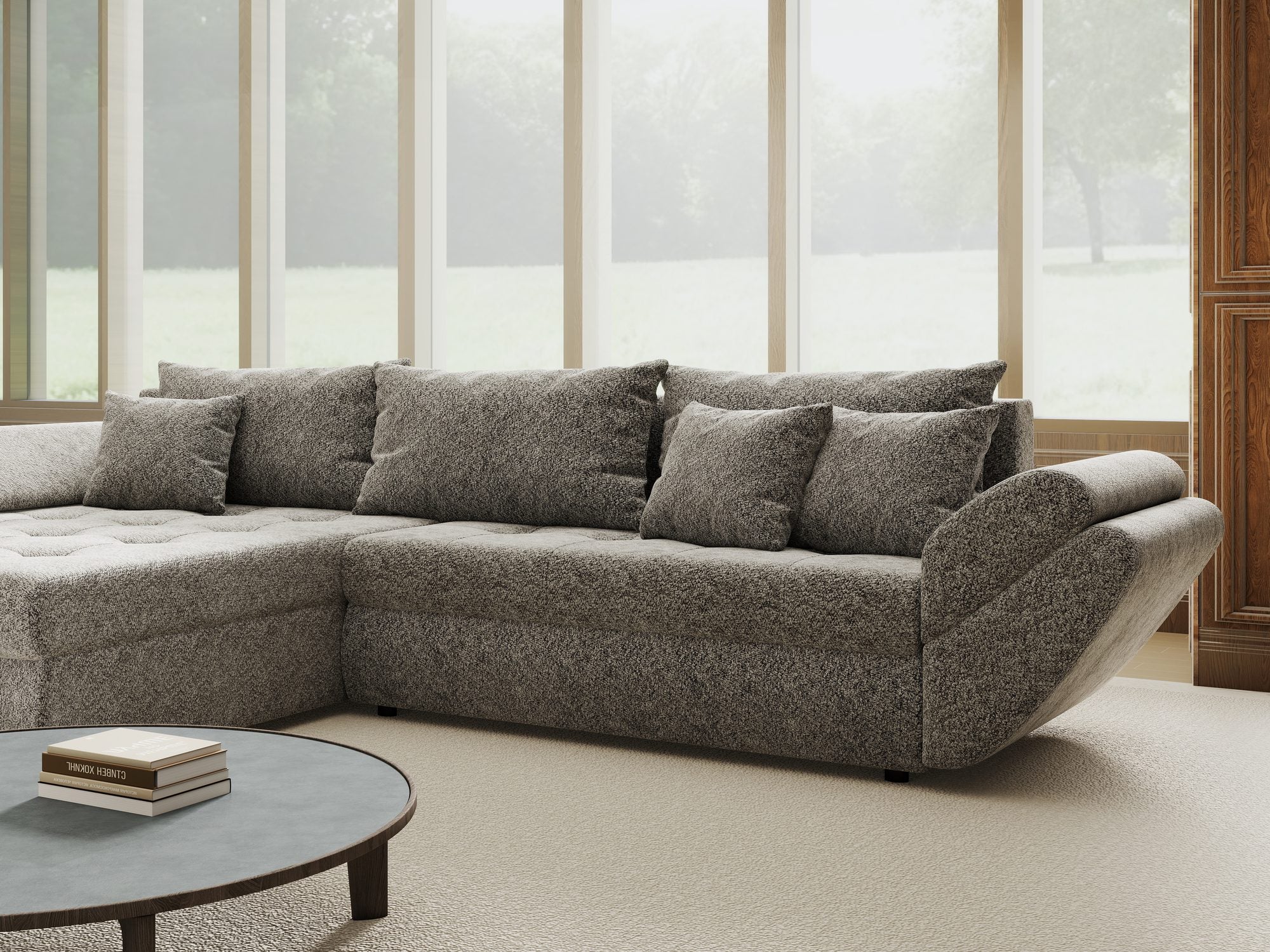 Colțar extensibil dumonde cu ladă de depozitare si sezut confortabil din spuma high-density, Loana Arena Gri grafit 270x185 cm