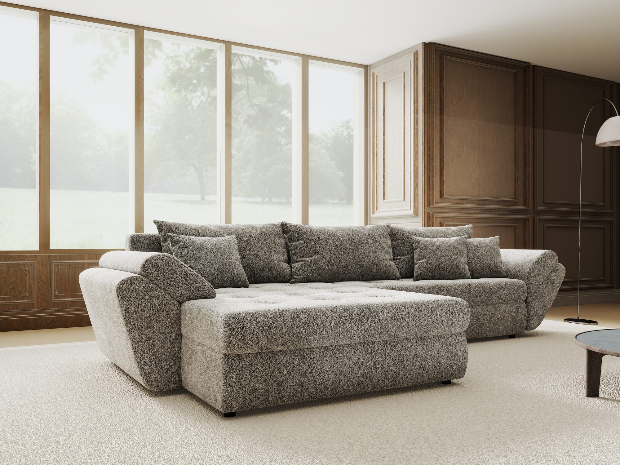 Colțar extensibil dumonde cu ladă de depozitare si sezut confortabil din spuma high-density, Loana Arena Gri grafit 270x185 cm