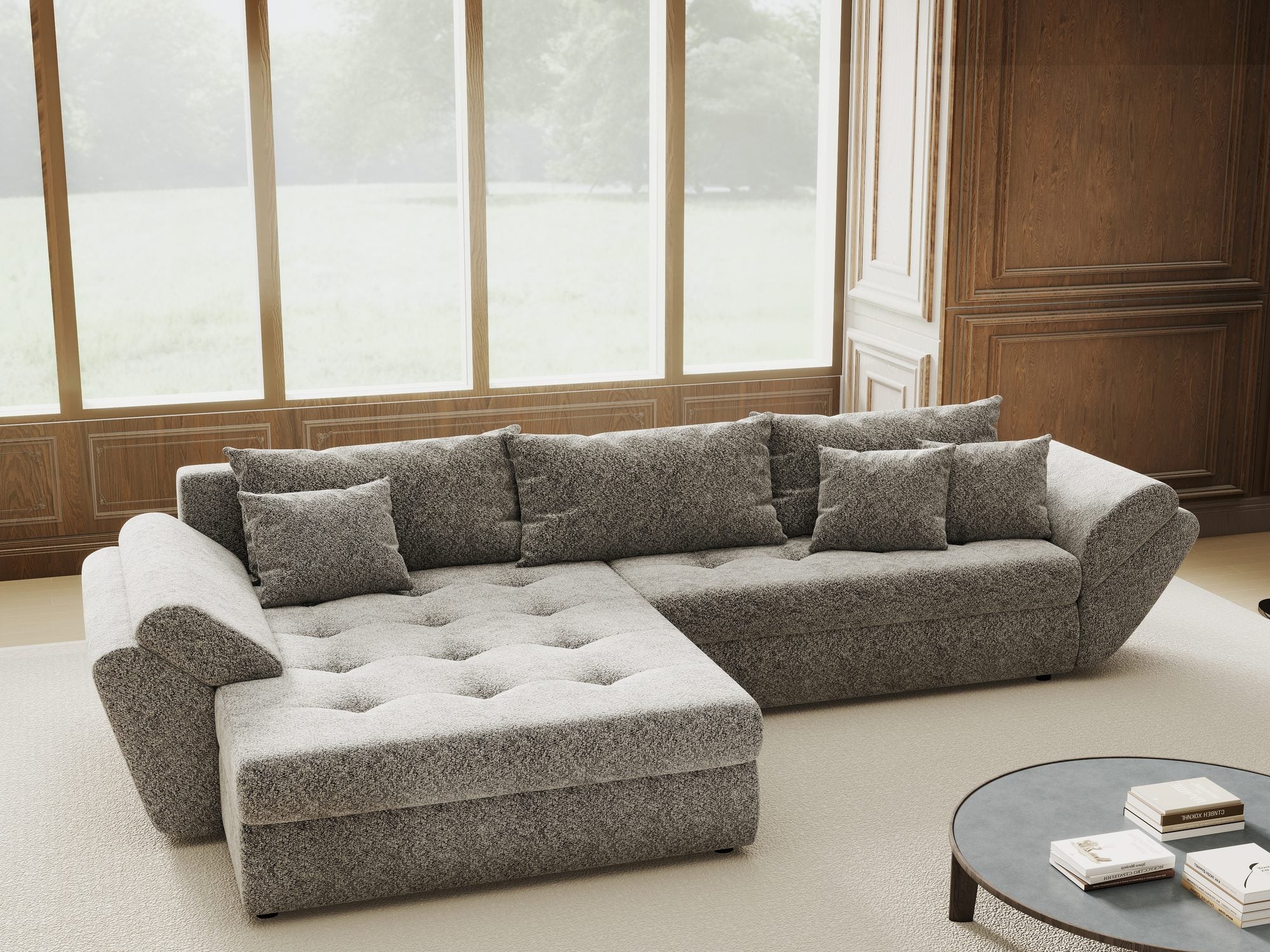 Colțar extensibil dumonde cu ladă de depozitare si sezut confortabil din spuma high-density, Loana Arena Gri grafit 270x185 cm