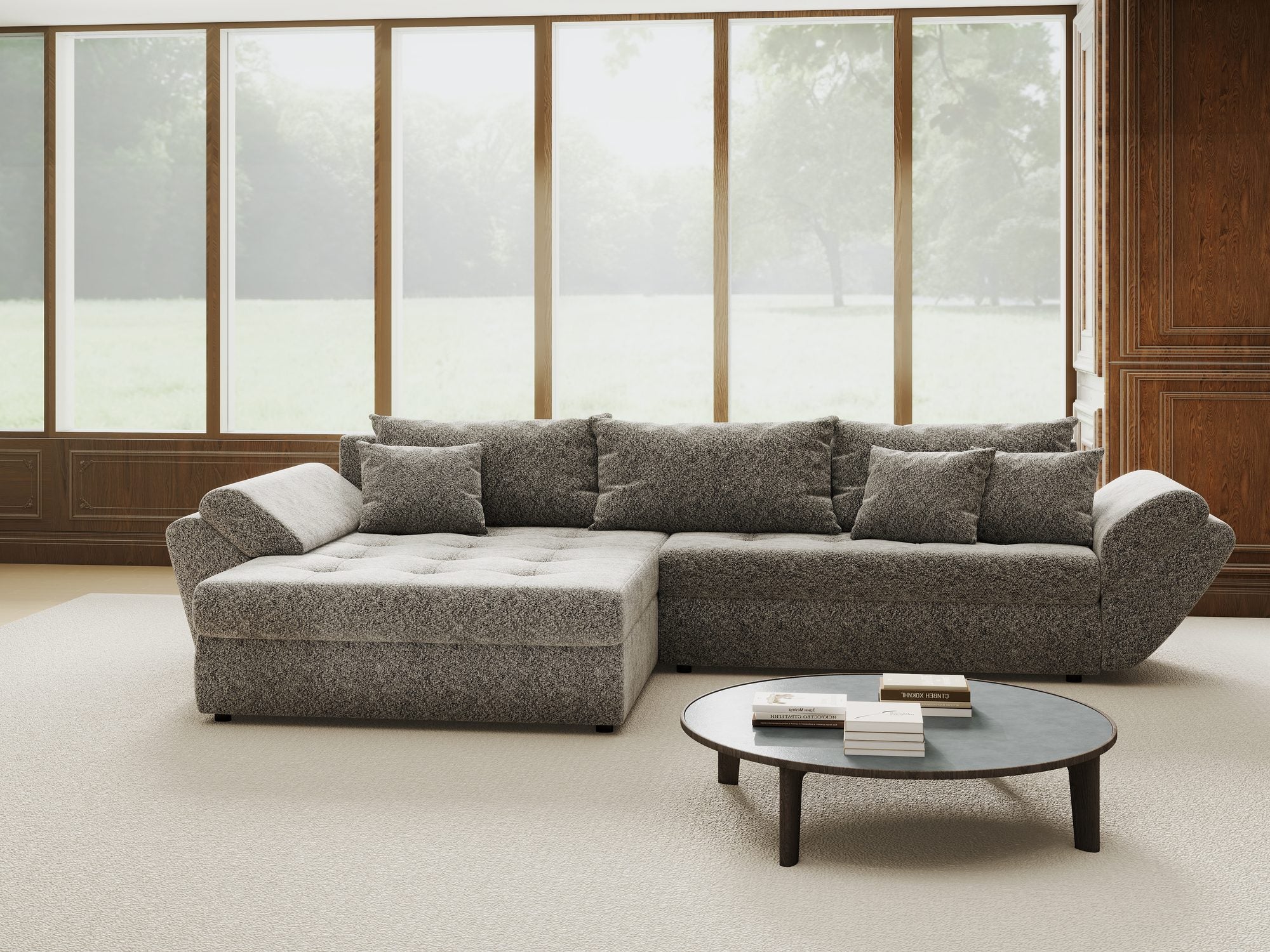 Colțar extensibil dumonde cu ladă de depozitare si sezut confortabil din spuma high-density, Loana Arena Gri grafit 270x185 cm