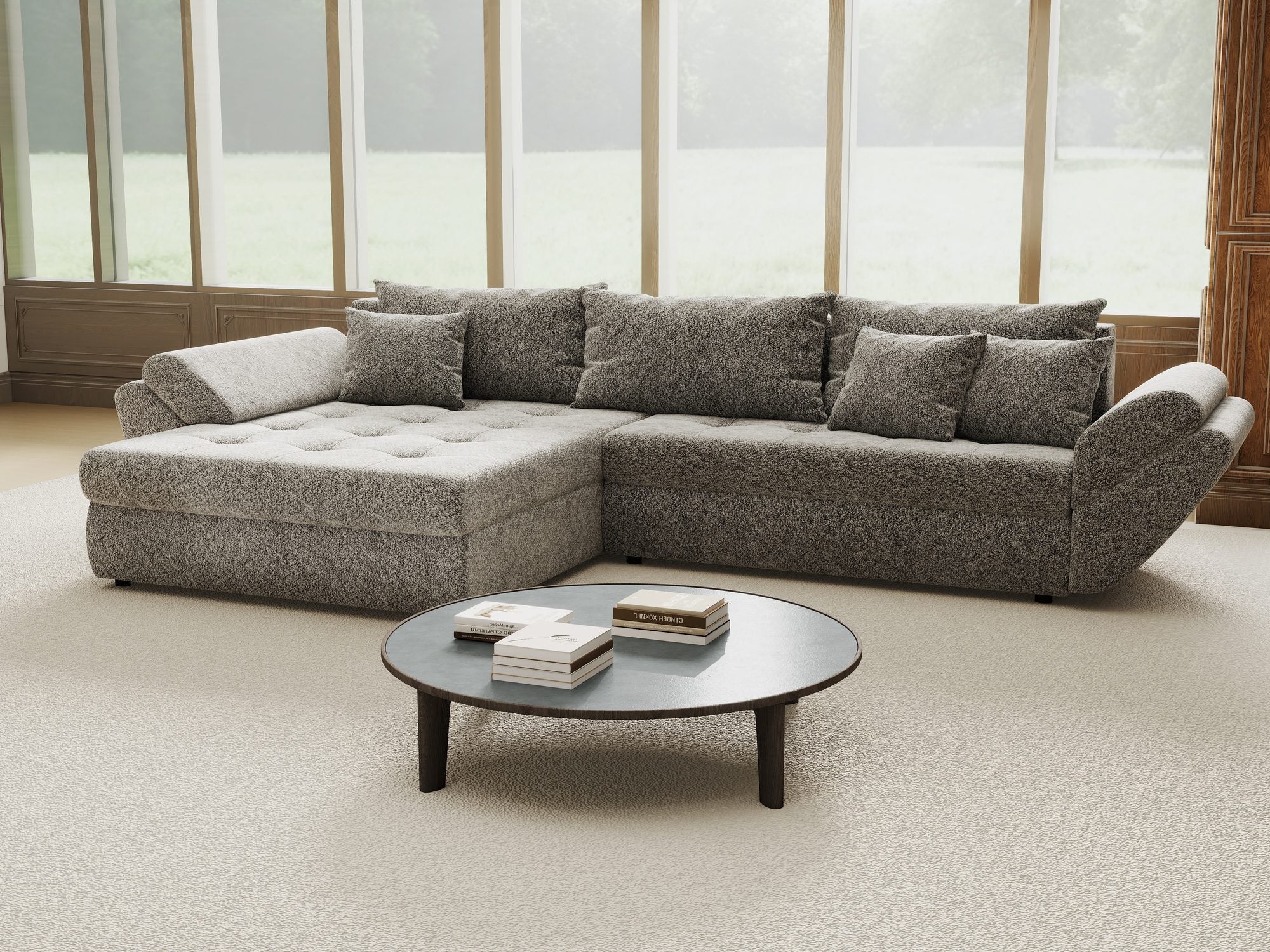 Colțar extensibil dumonde cu ladă de depozitare si sezut confortabil din spuma high-density, Loana Arena Gri grafit 270x185 cm