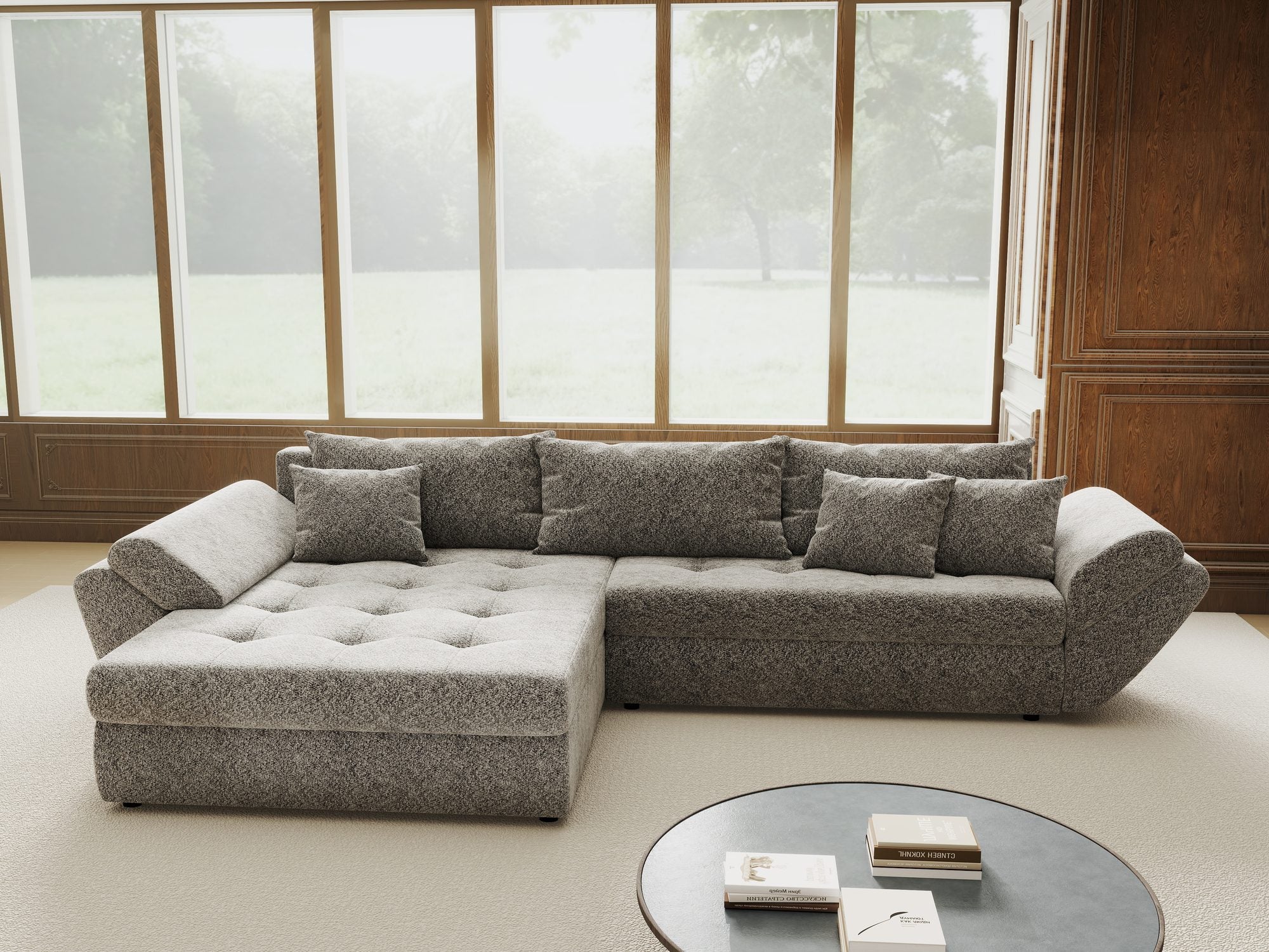 Colțar extensibil dumonde cu ladă de depozitare si sezut confortabil din spuma high-density, Loana Arena Gri grafit 270x185 cm