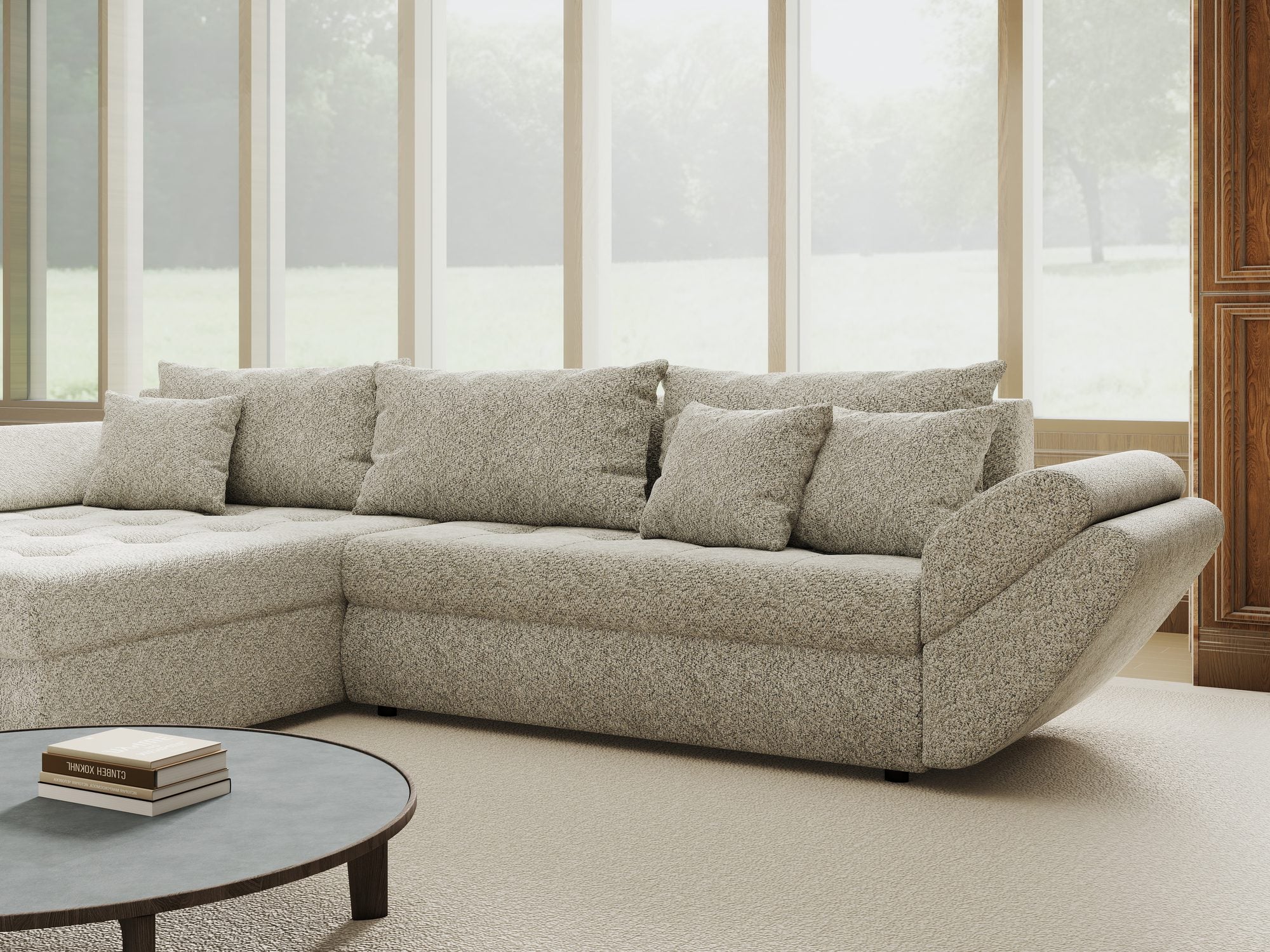 Colțar extensibil dumonde cu ladă de depozitare si sezut confortabil din spuma high-density, Loana Arena Bej 270x185 cm