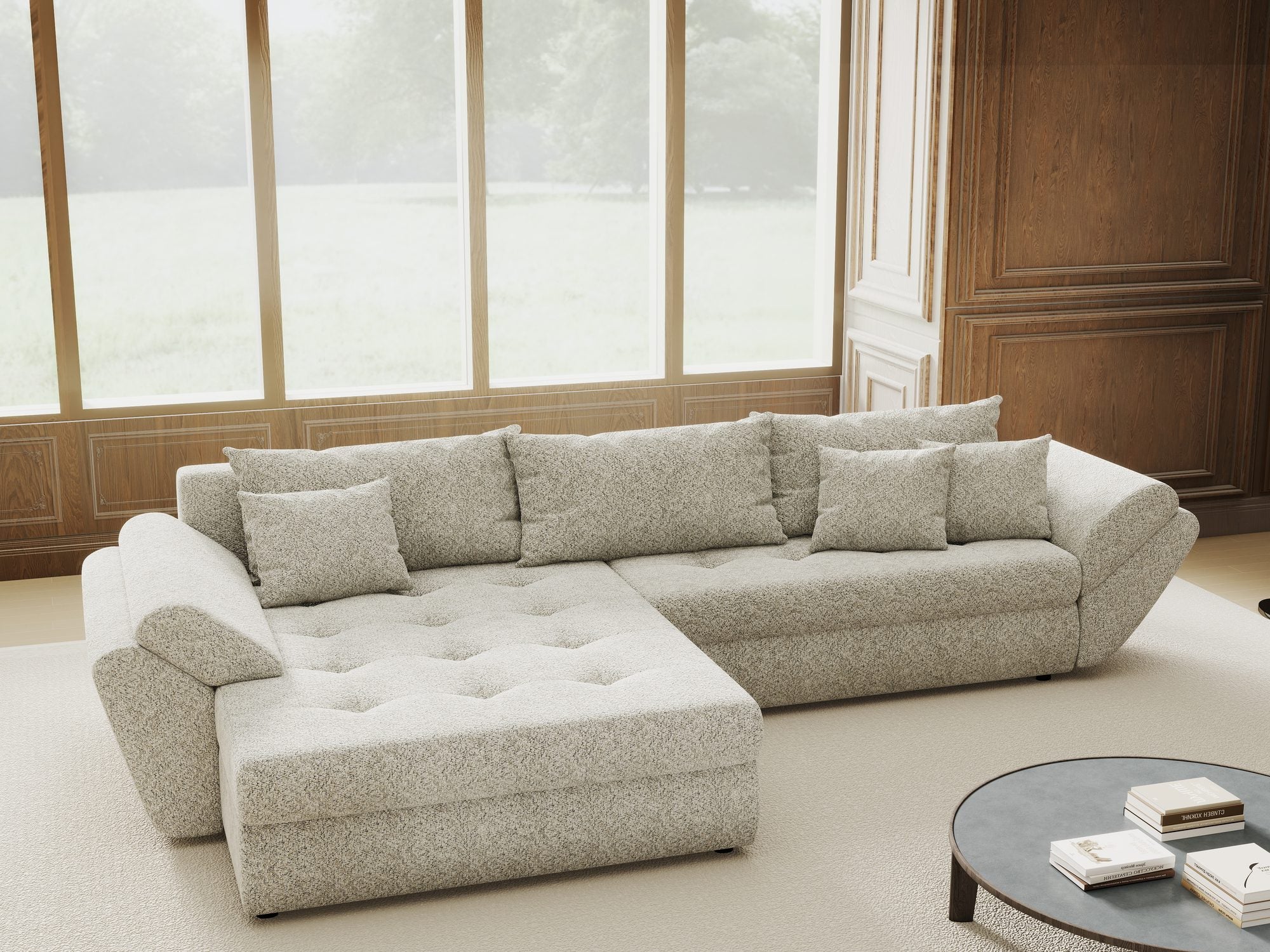 Colțar extensibil dumonde cu ladă de depozitare si sezut confortabil din spuma high-density, Loana Arena Bej 270x185 cm