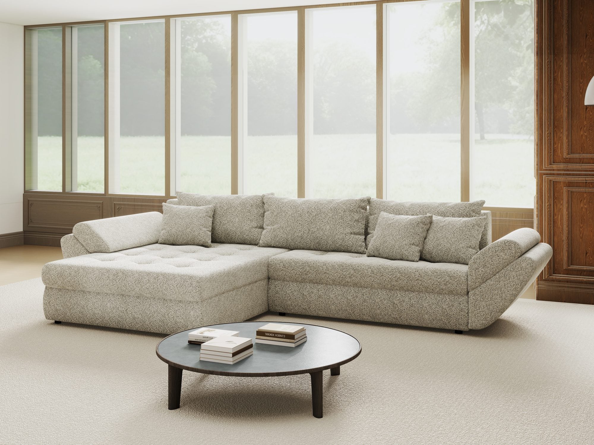 Colțar extensibil dumonde cu ladă de depozitare si sezut confortabil din spuma high-density, Loana Arena Bej 270x185 cm