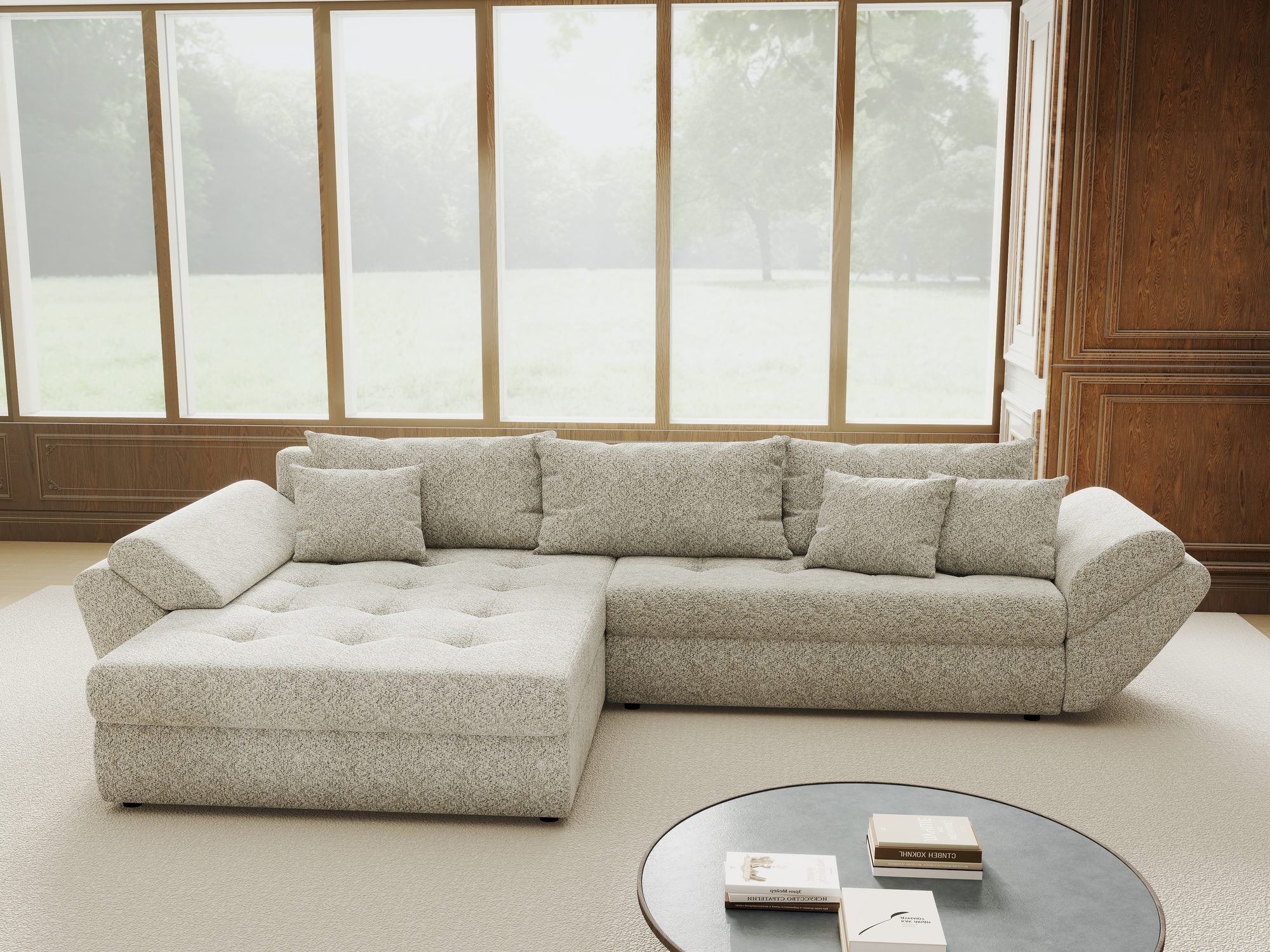 Colțar extensibil dumonde cu ladă de depozitare si sezut confortabil din spuma high-density, Loana Arena Bej 270x185 cm