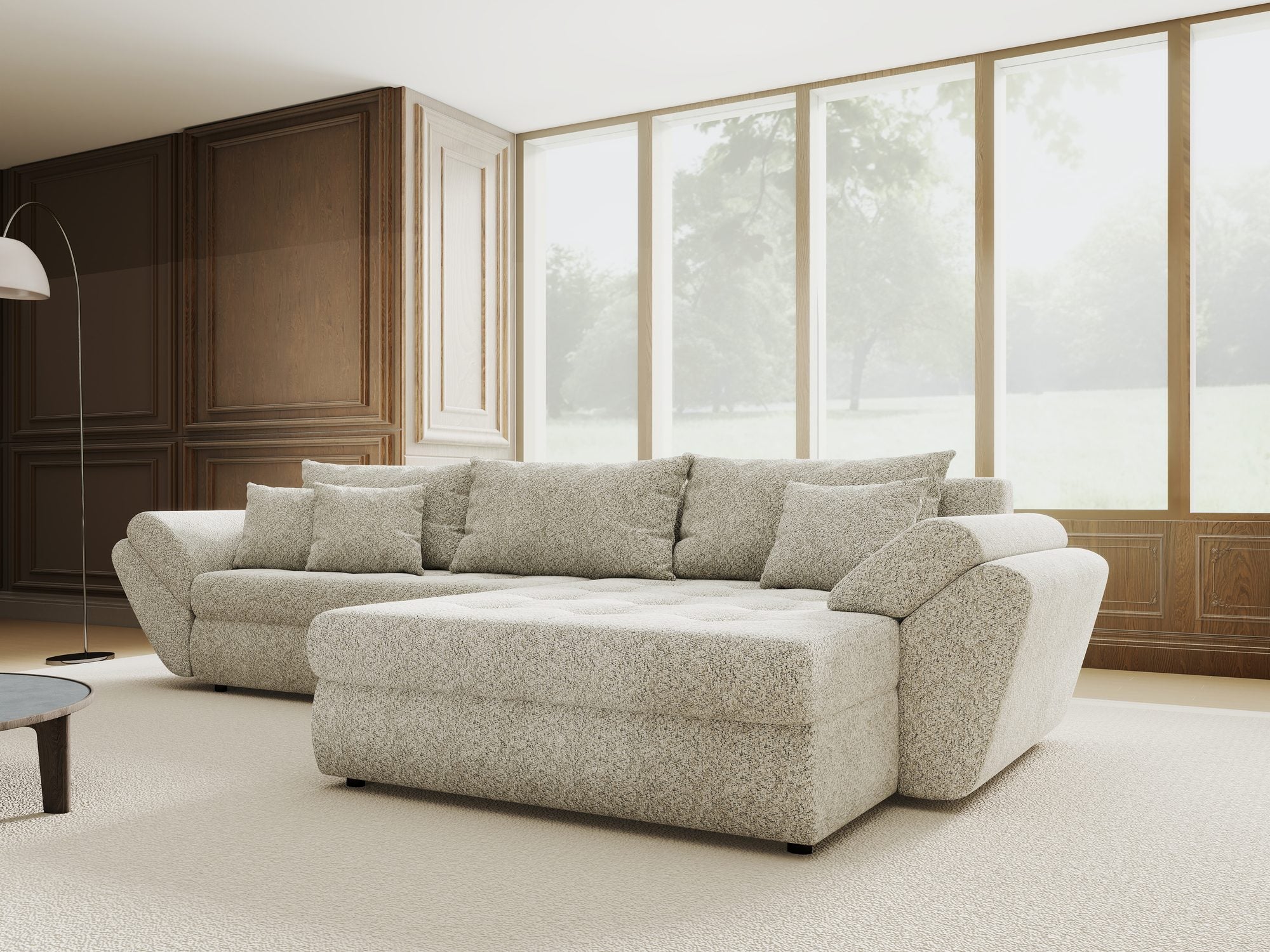 Colțar extensibil dumonde cu ladă de depozitare si sezut confortabil din spuma high-density, Loana Arena Bej II 270x185 cm