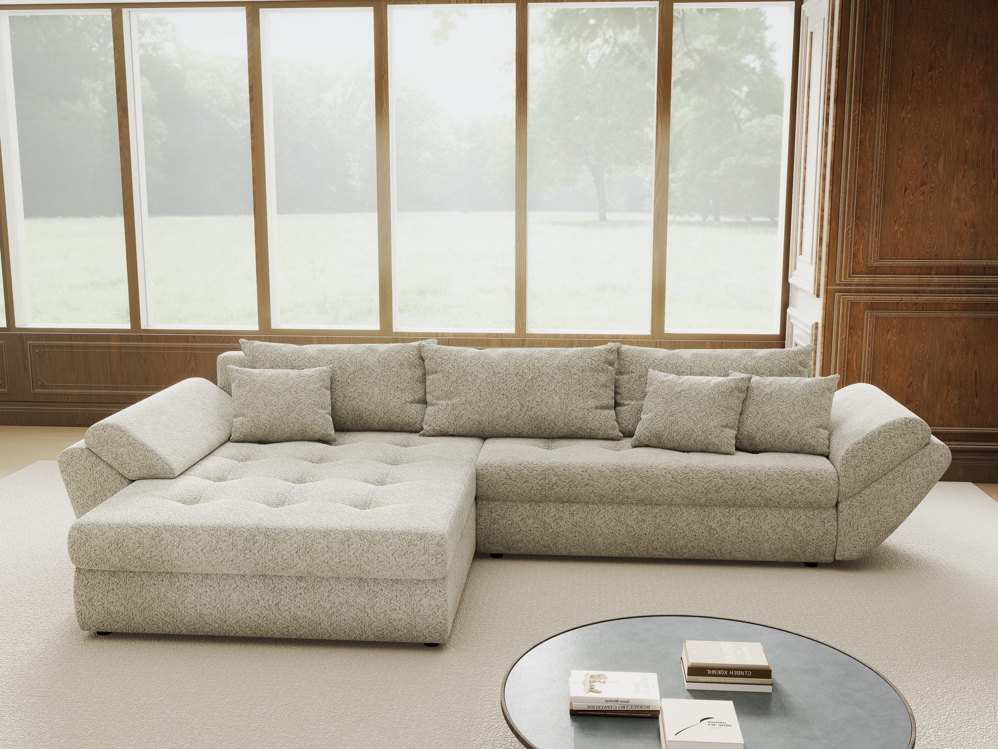 Colțar extensibil dumonde cu ladă de depozitare si sezut confortabil din spuma high-density, Loana Arena Bej 270x185 cm