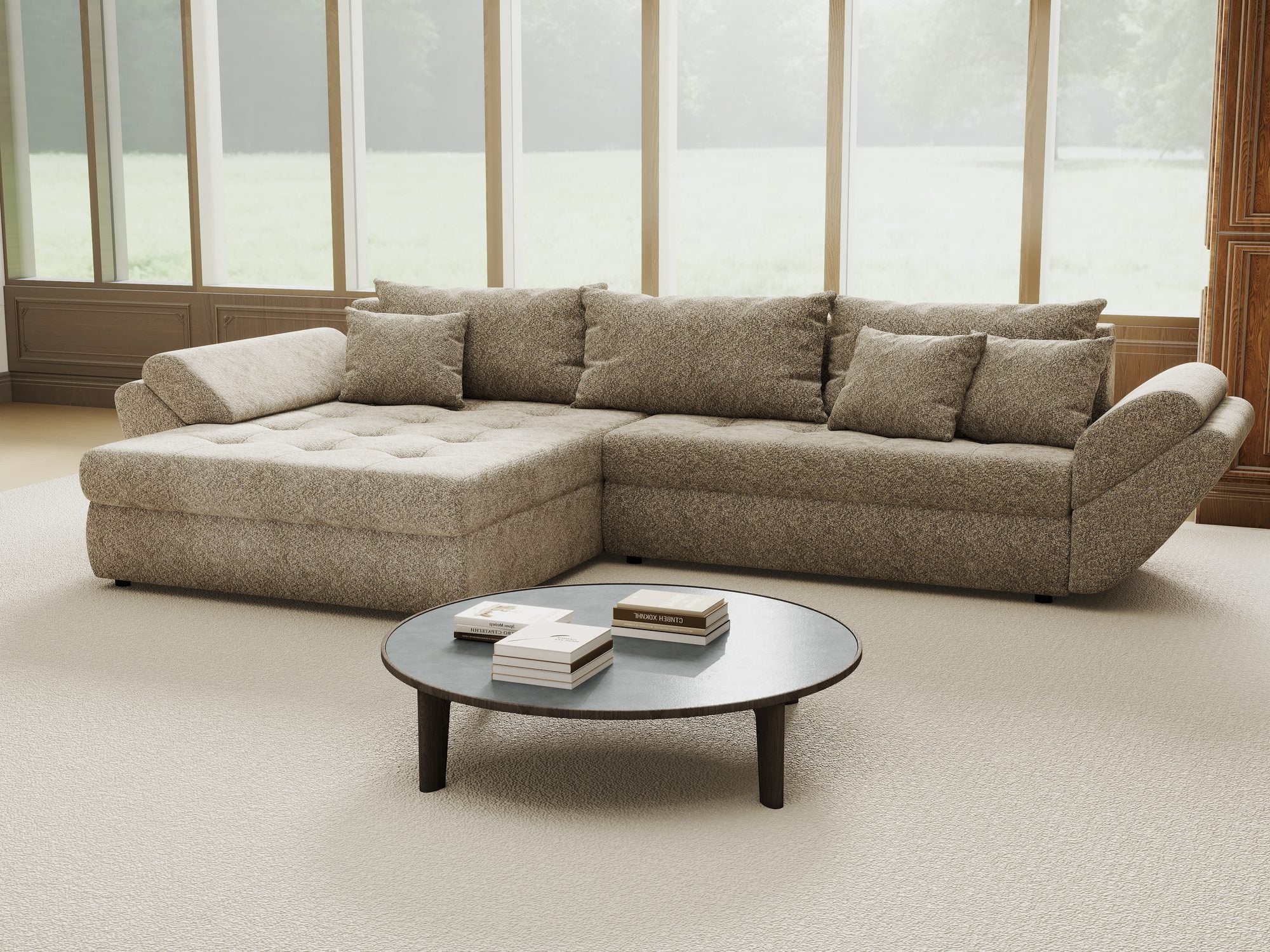 Colțar extensibil dumonde cu ladă de depozitare si sezut confortabil din spuma high-density, Loana Arena Bej 270x185 cm
