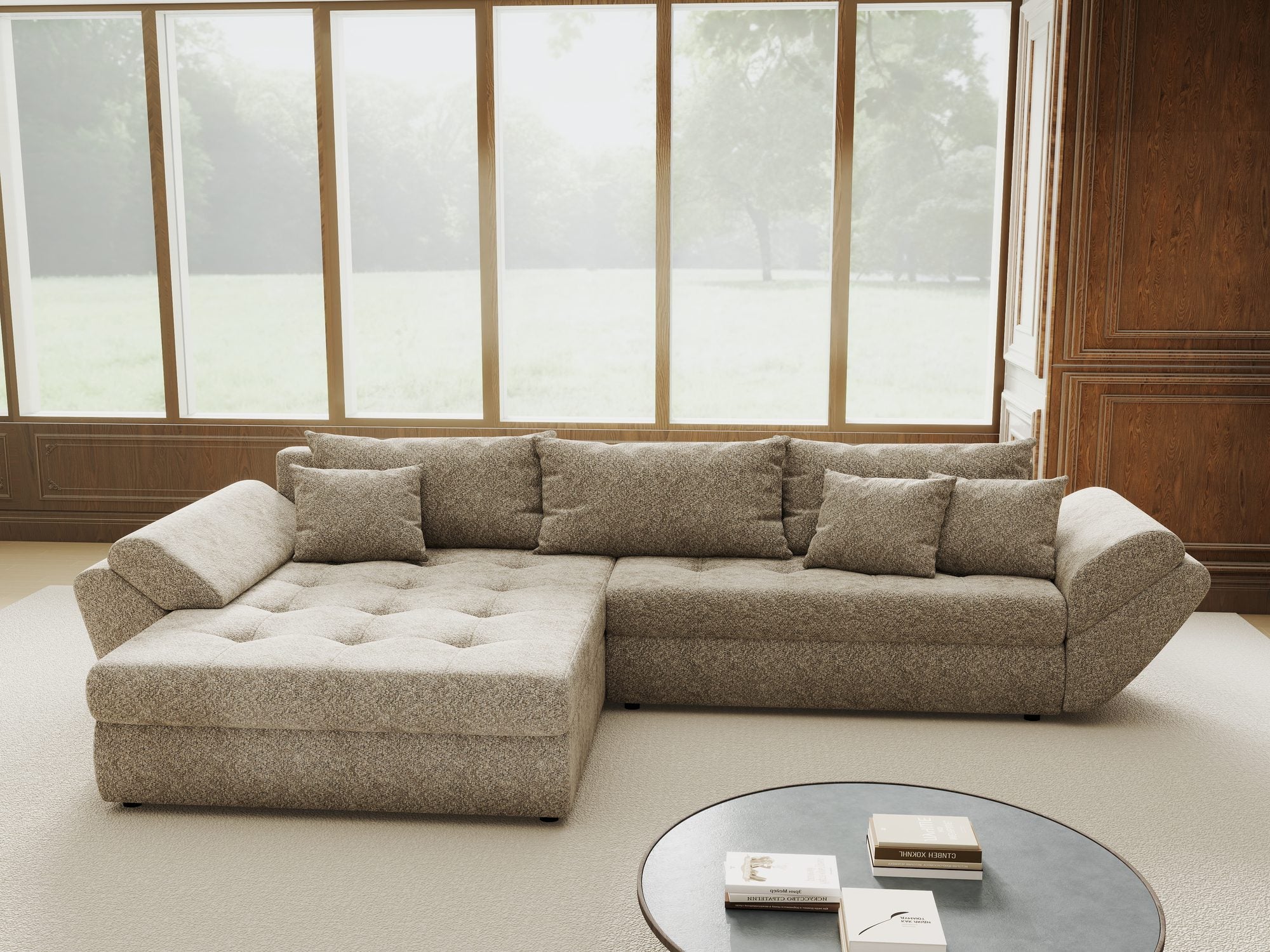 Colțar extensibil dumonde cu ladă de depozitare si sezut confortabil din spuma high-density, Loana Arena Bej 270x185 cm