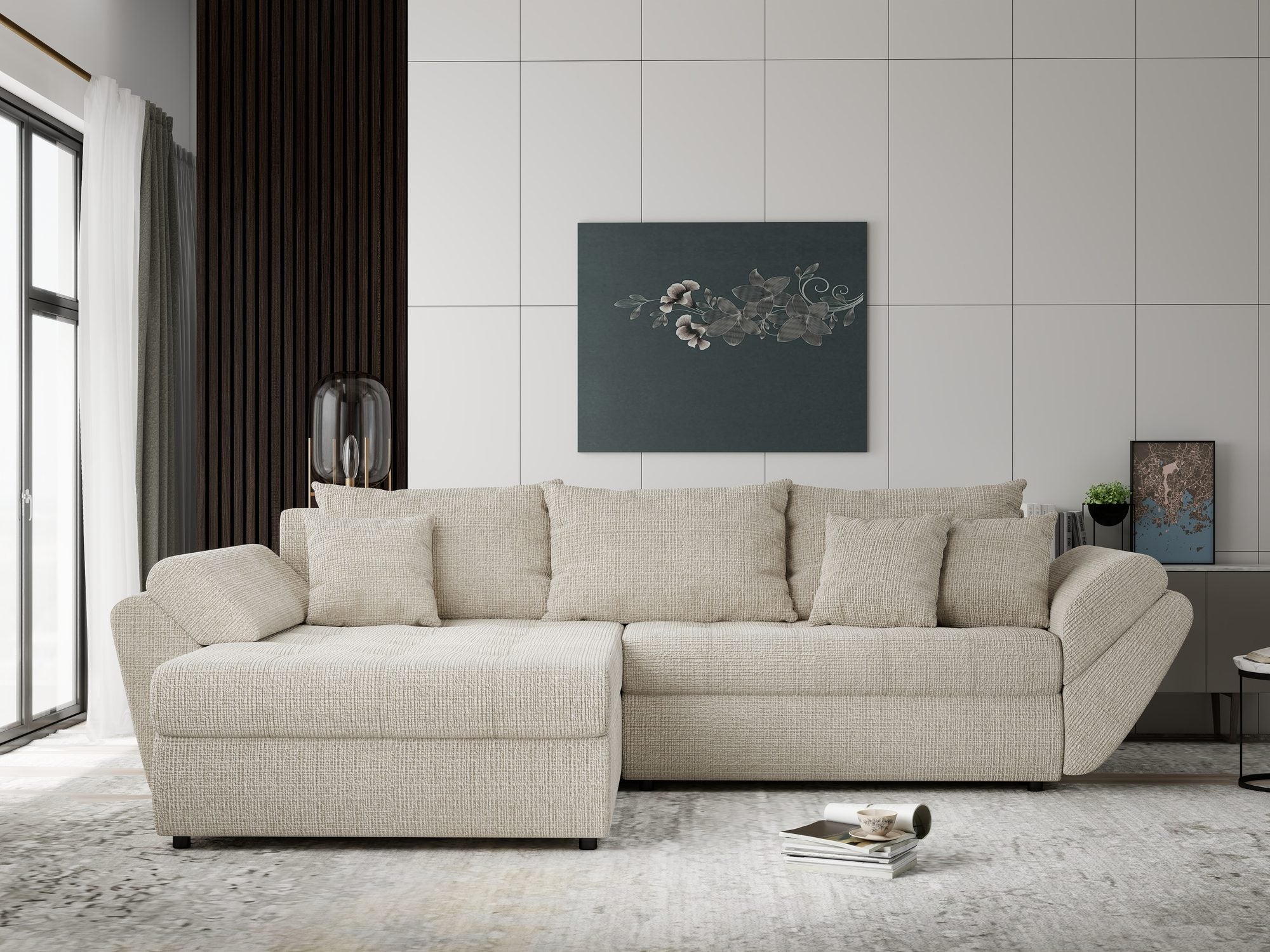 Colțar extensibil dumonde cu ladă de depozitare si sezut confortabil din spuma high-density, Loana Cremona Gri deschis 270x185 cm