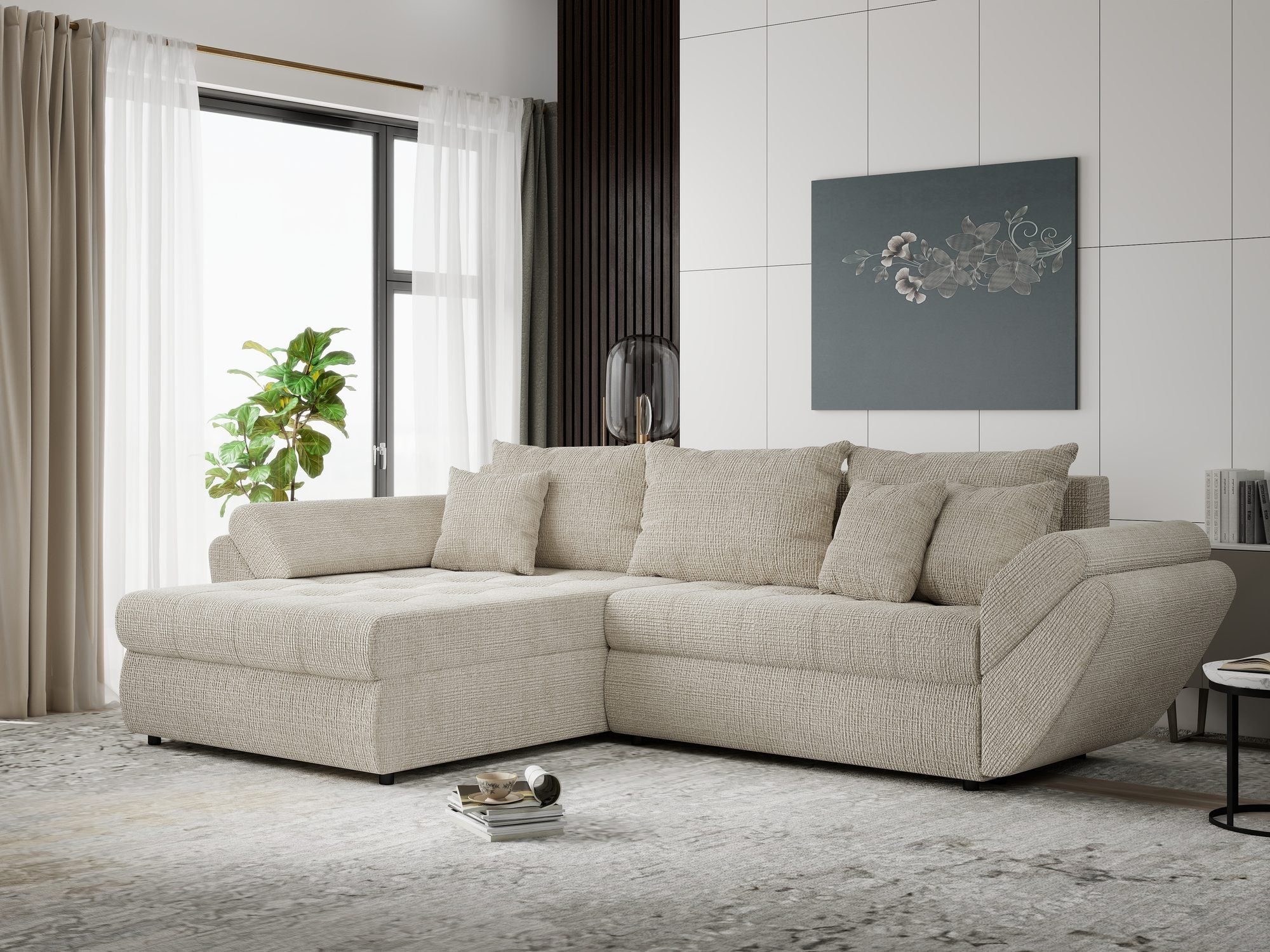 Colțar extensibil dumonde cu ladă de depozitare si sezut confortabil din spuma high-density, Loana Cremona Gri deschis 270x185 cm