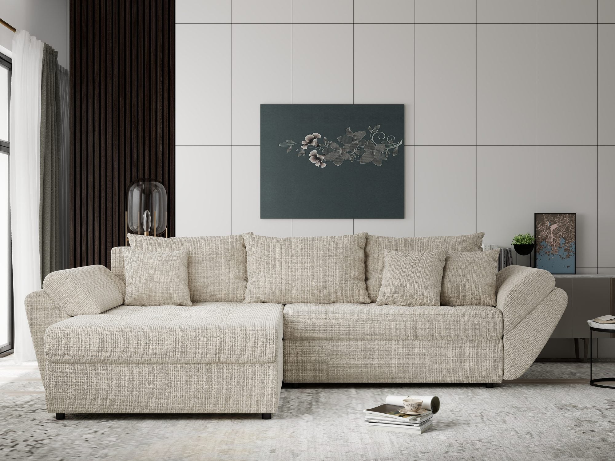 Colțar extensibil dumonde cu ladă de depozitare si sezut confortabil din spuma high-density, Loana Cremona Gri deschis 270x185 cm