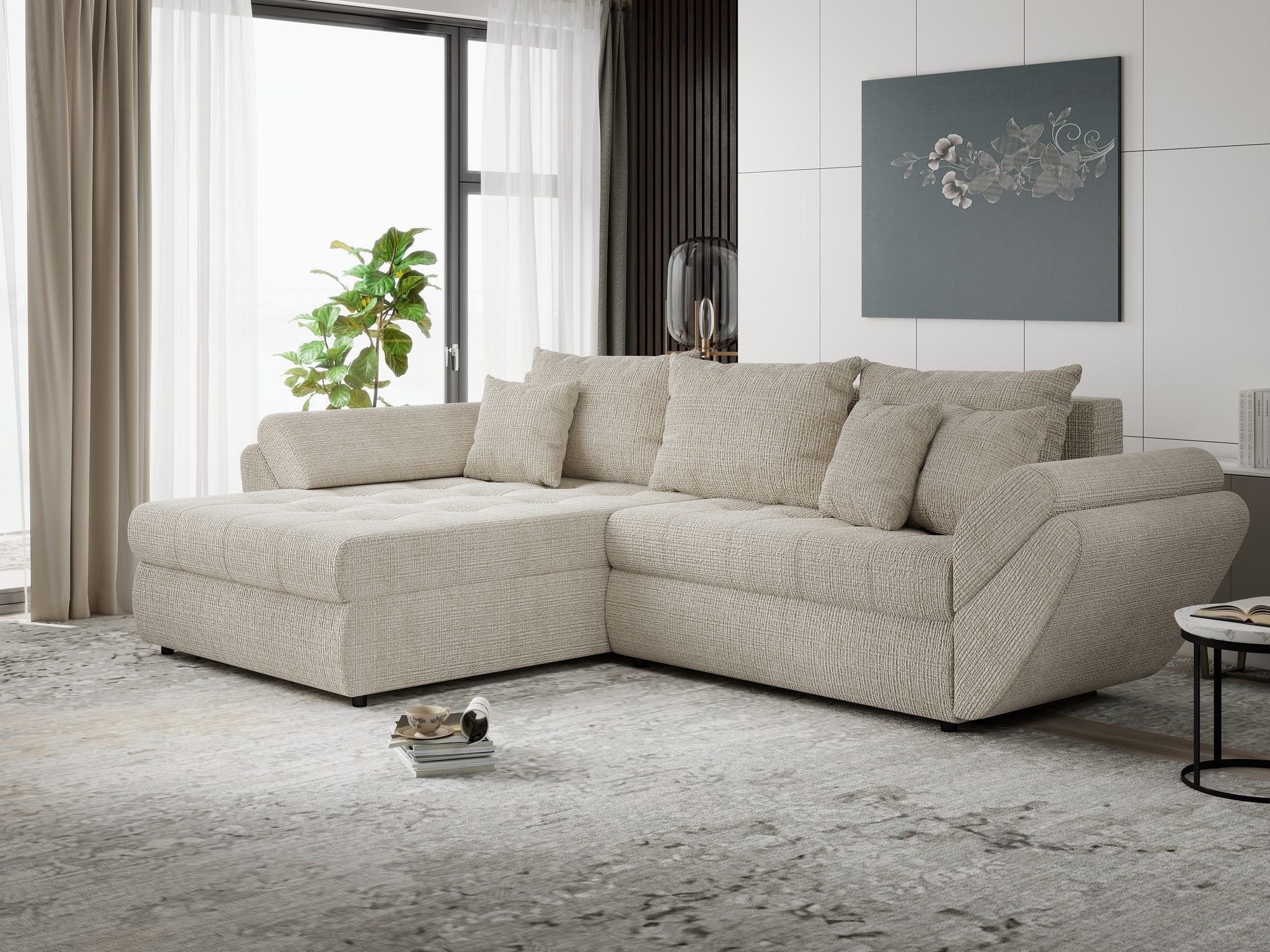 Colțar extensibil dumonde cu ladă de depozitare si sezut confortabil din spuma high-density, Loana Cremona Gri deschis 270x185 cm