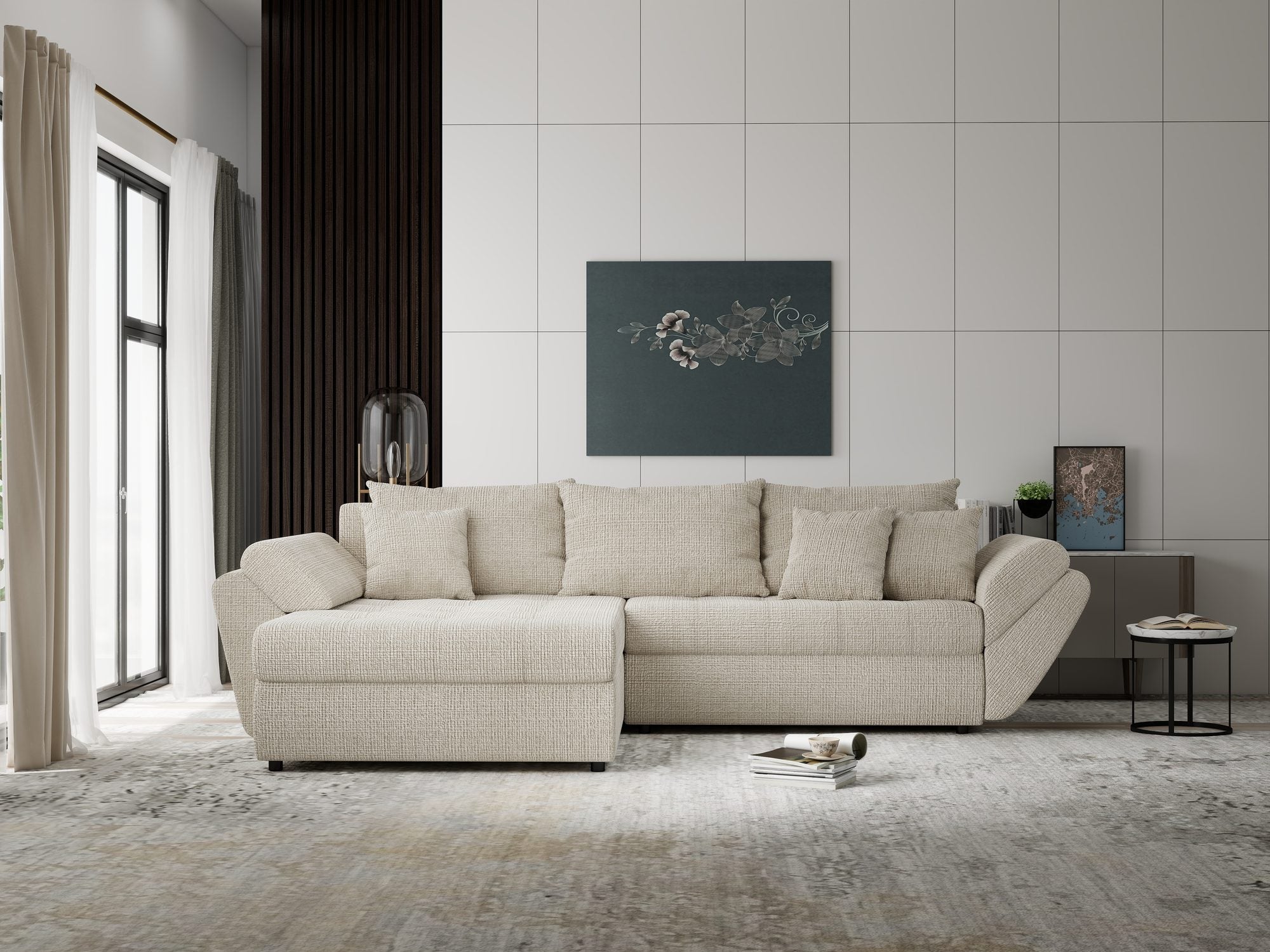 Colțar extensibil dumonde cu ladă de depozitare si sezut confortabil din spuma high-density, Loana Cremona Gri deschis 270x185 cm