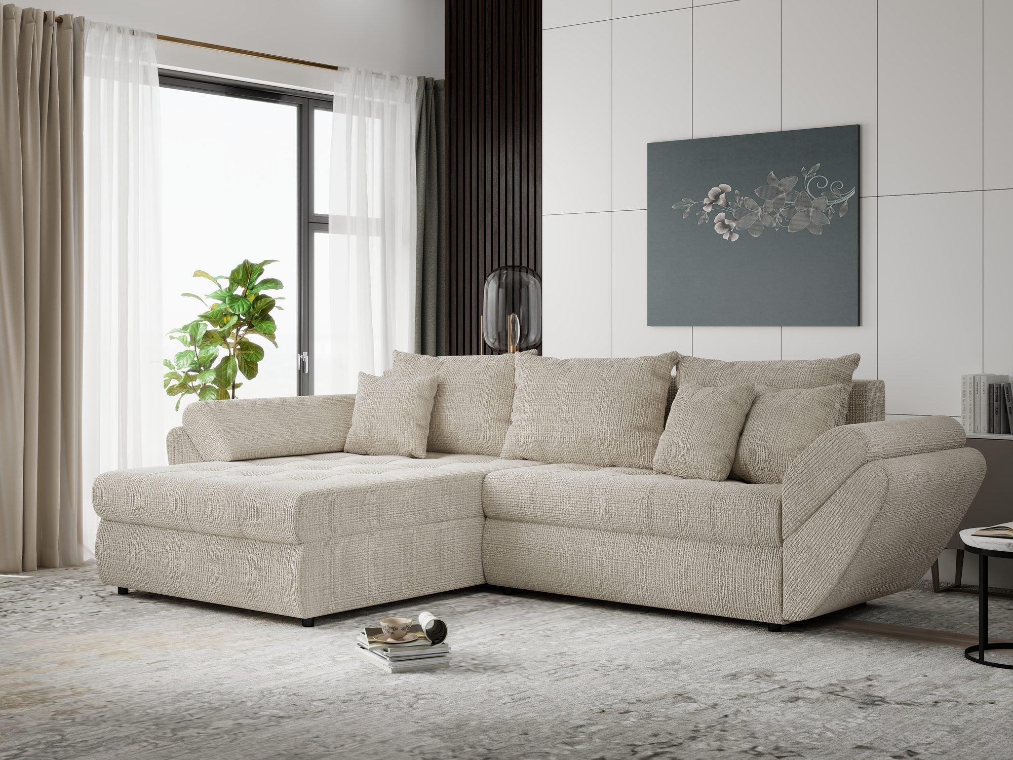 Colțar extensibil dumonde cu ladă de depozitare si sezut confortabil din spuma high-density, Loana Cremona Gri deschis 270x185 cm