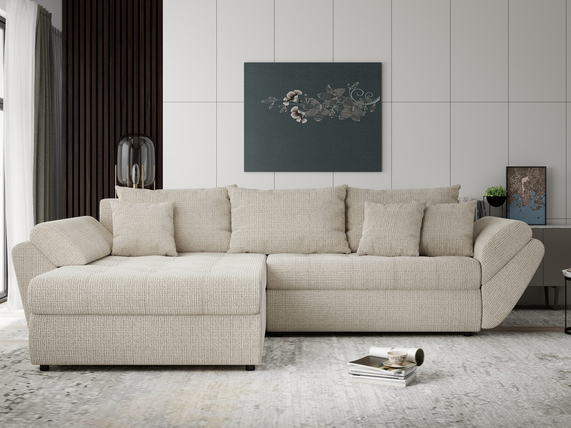 Colțar extensibil dumonde cu ladă de depozitare si sezut confortabil din spuma high-density, Loana Cremona Gri deschis 270x185 cm