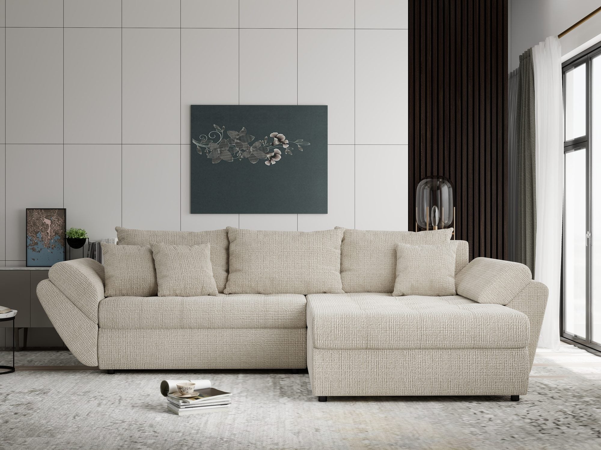 Colțar extensibil dumonde cu ladă de depozitare si sezut confortabil din spuma high-density, Loana Cremona Gri deschis II 270x185 cm
