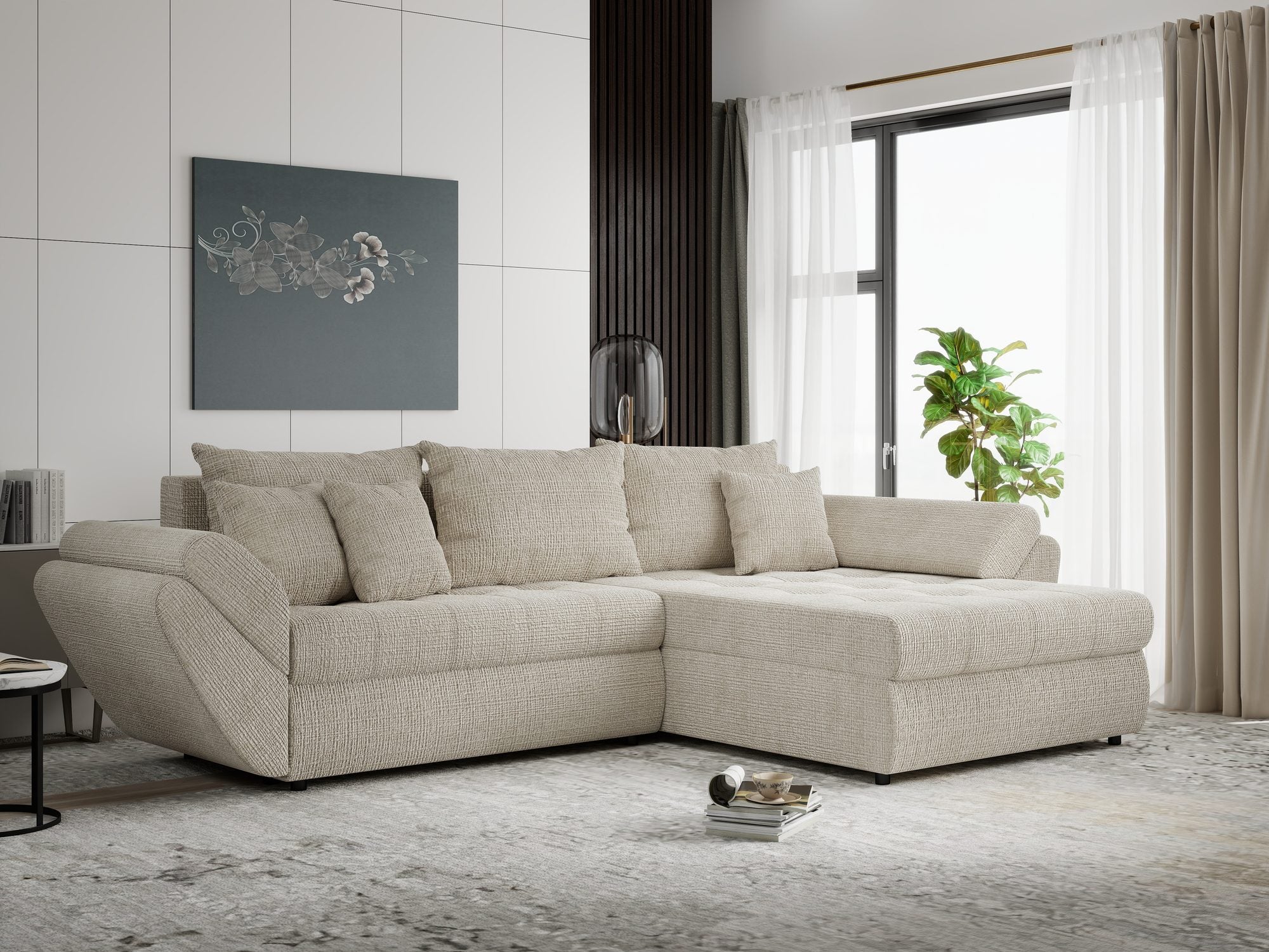 Colțar extensibil dumonde cu ladă de depozitare si sezut confortabil din spuma high-density, Loana Cremona Gri deschis II 270x185 cm