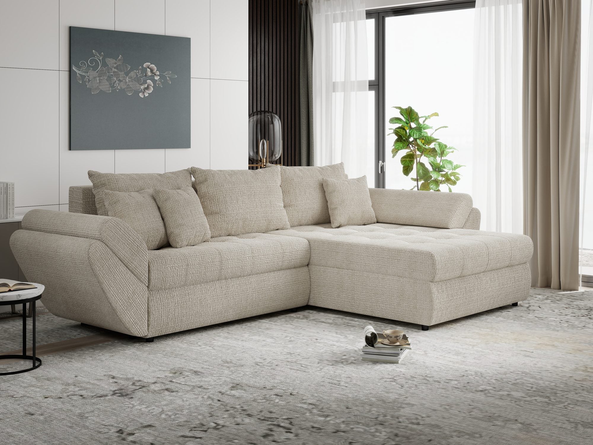 Colțar extensibil dumonde cu ladă de depozitare si sezut confortabil din spuma high-density, Loana Cremona Gri deschis II 270x185 cm
