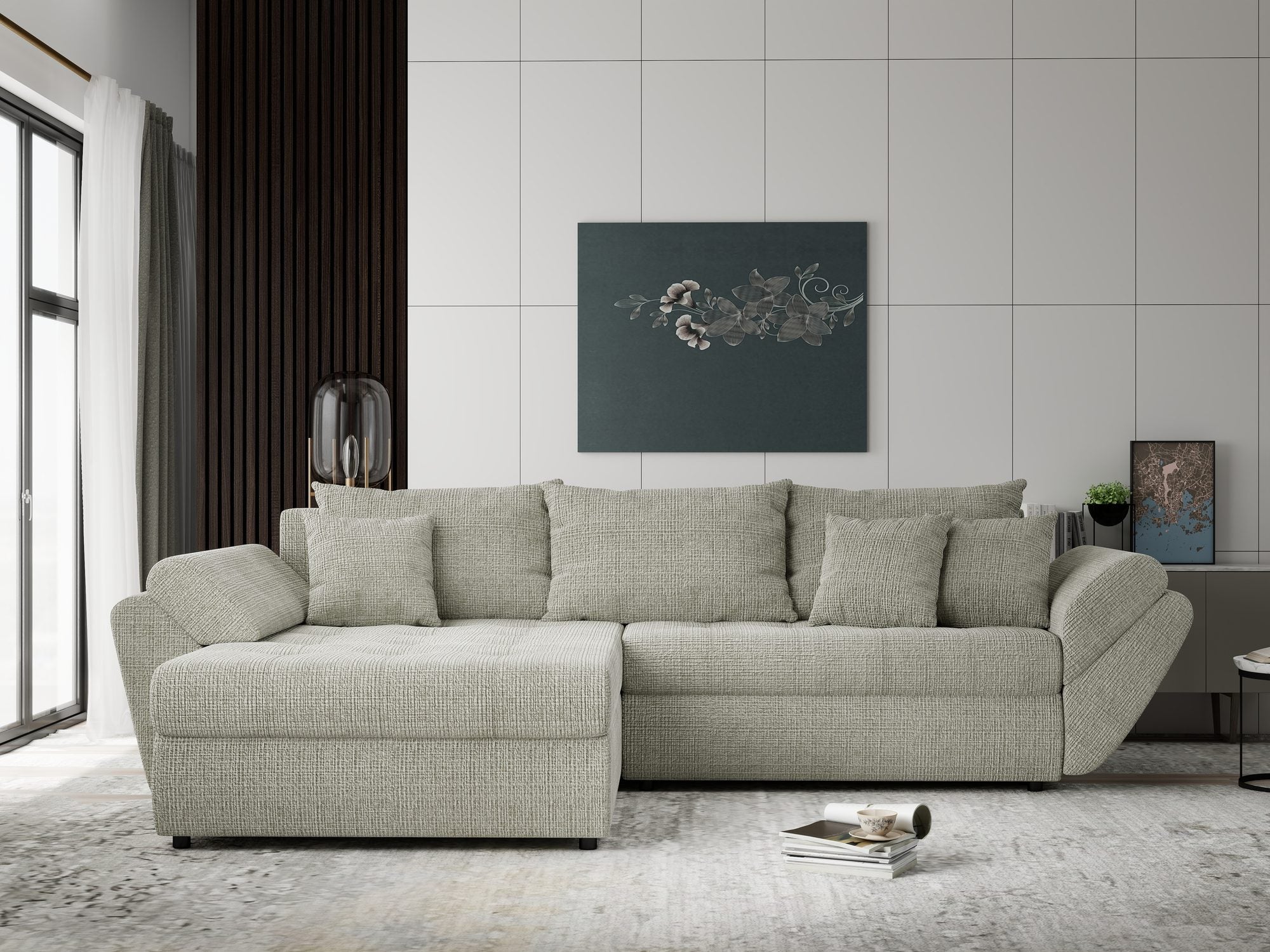 Colțar extensibil dumonde cu ladă de depozitare si sezut confortabil din spuma high-density, Loana Cremona Bej 270x185 cm