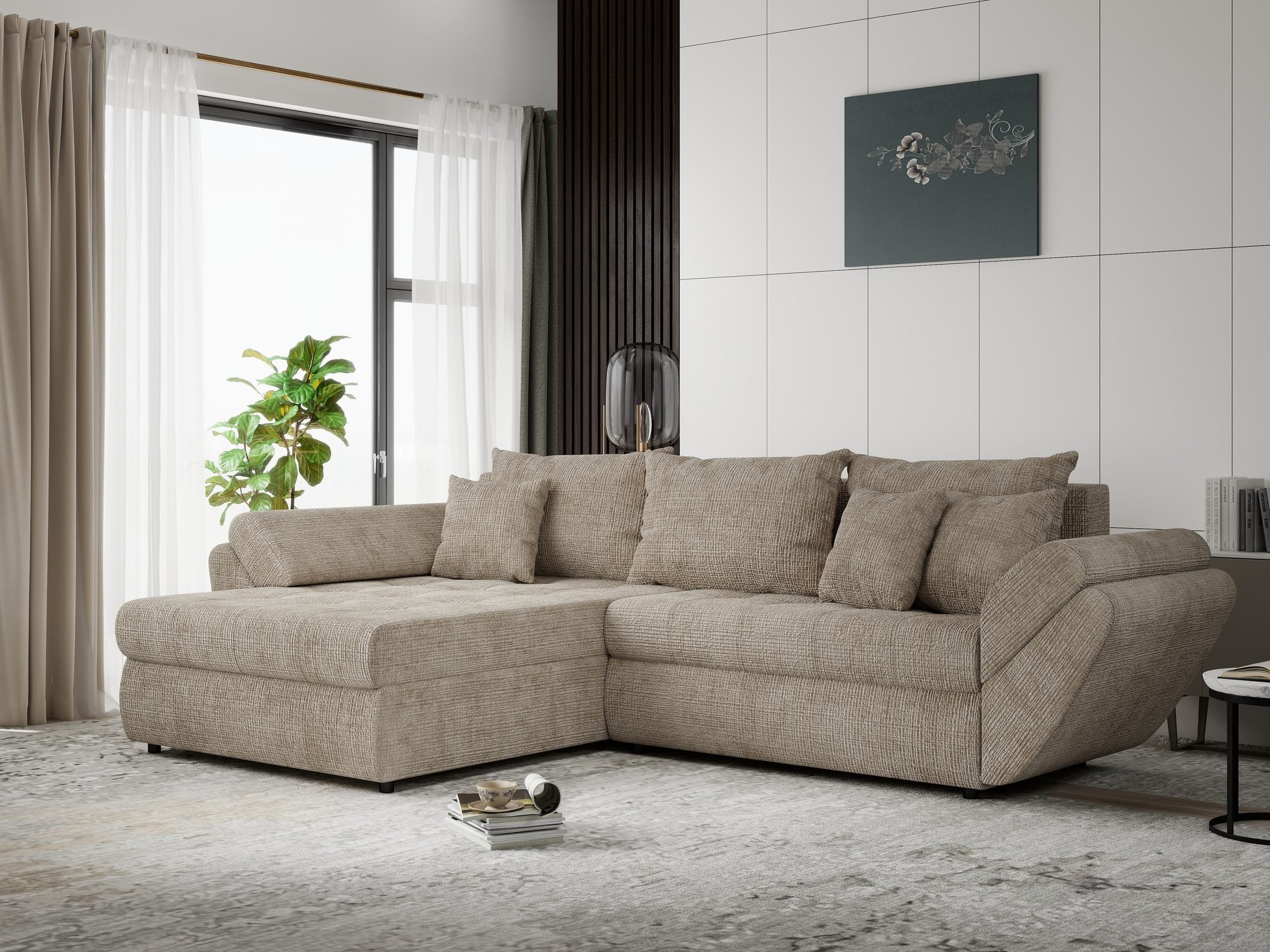 Colțar extensibil dumonde cu ladă de depozitare si sezut confortabil din spuma high-density, Loana Cremona Bej 270x185 cm