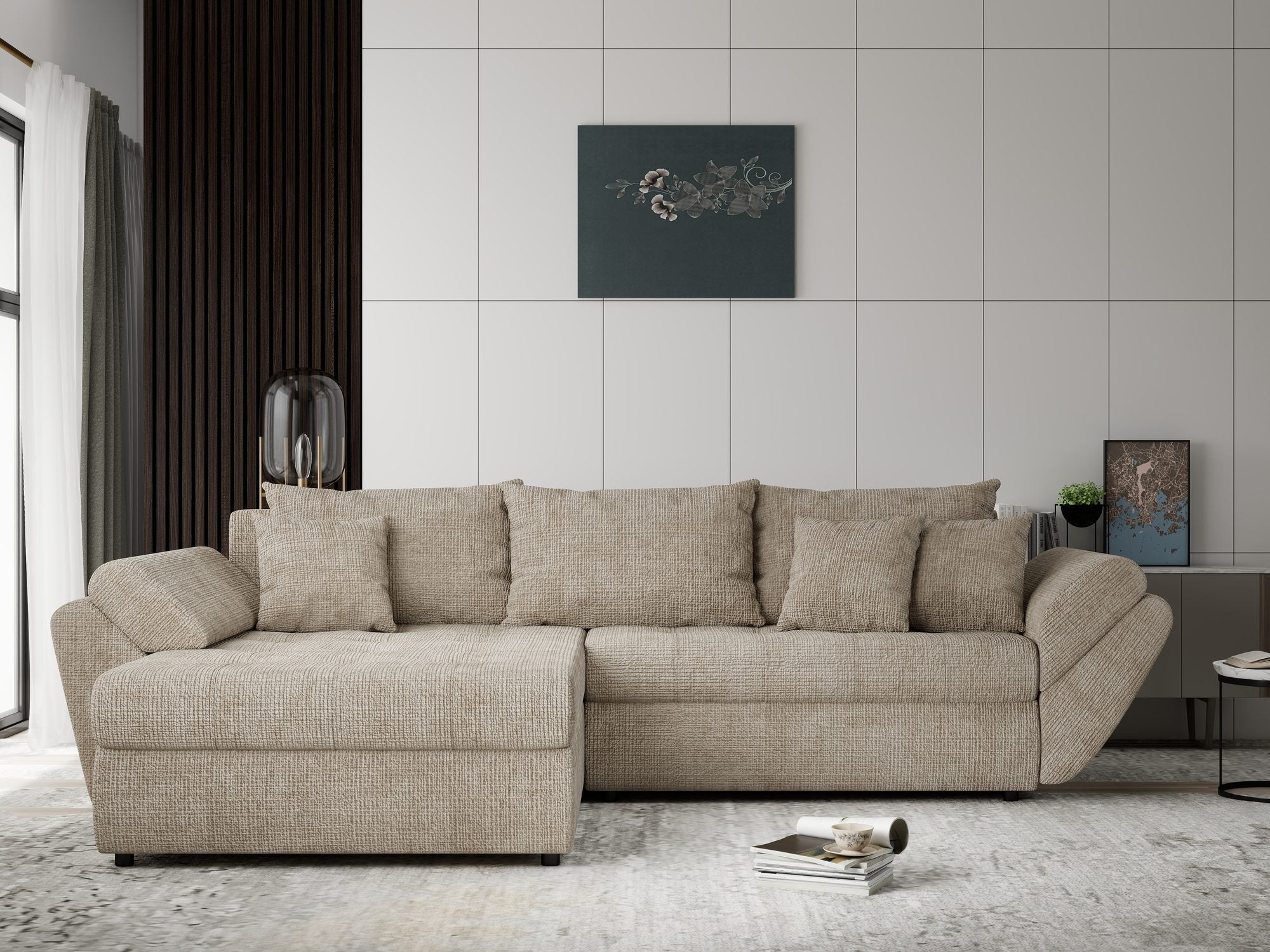 Colțar extensibil dumonde cu ladă de depozitare si sezut confortabil din spuma high-density, Loana Cremona Bej 270x185 cm