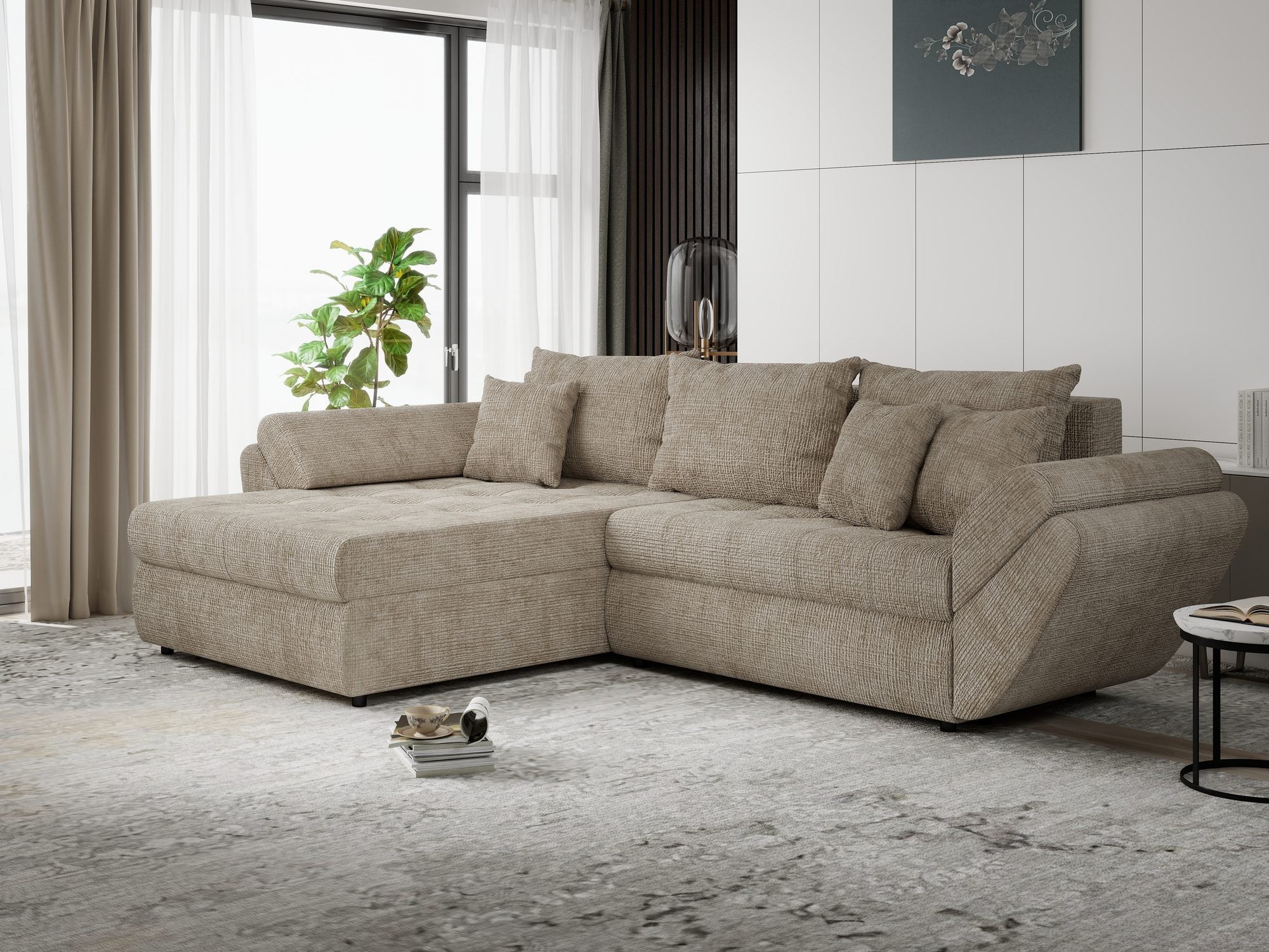Colțar extensibil dumonde cu ladă de depozitare si sezut confortabil din spuma high-density, Loana Cremona Bej 270x185 cm