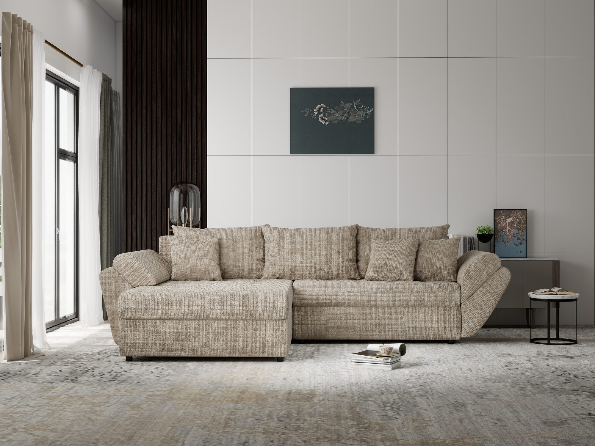 Colțar extensibil dumonde cu ladă de depozitare si sezut confortabil din spuma high-density, Loana Cremona Bej 270x185 cm
