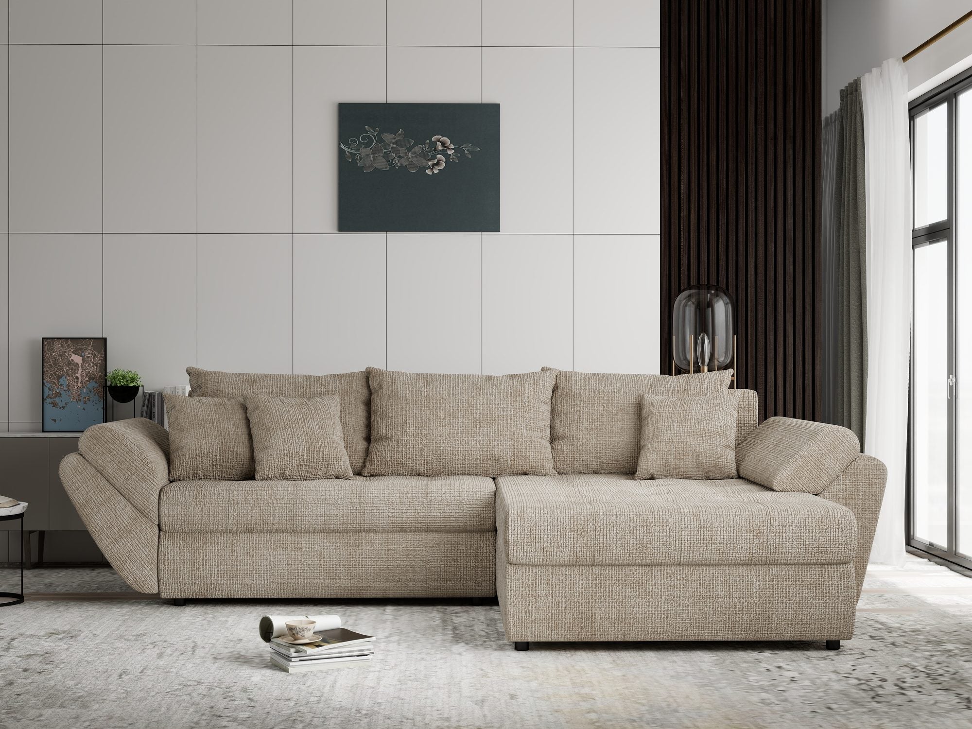 Colțar extensibil dumonde cu ladă de depozitare si sezut confortabil din spuma high-density, Loana Cremona Bej II 270x185 cm