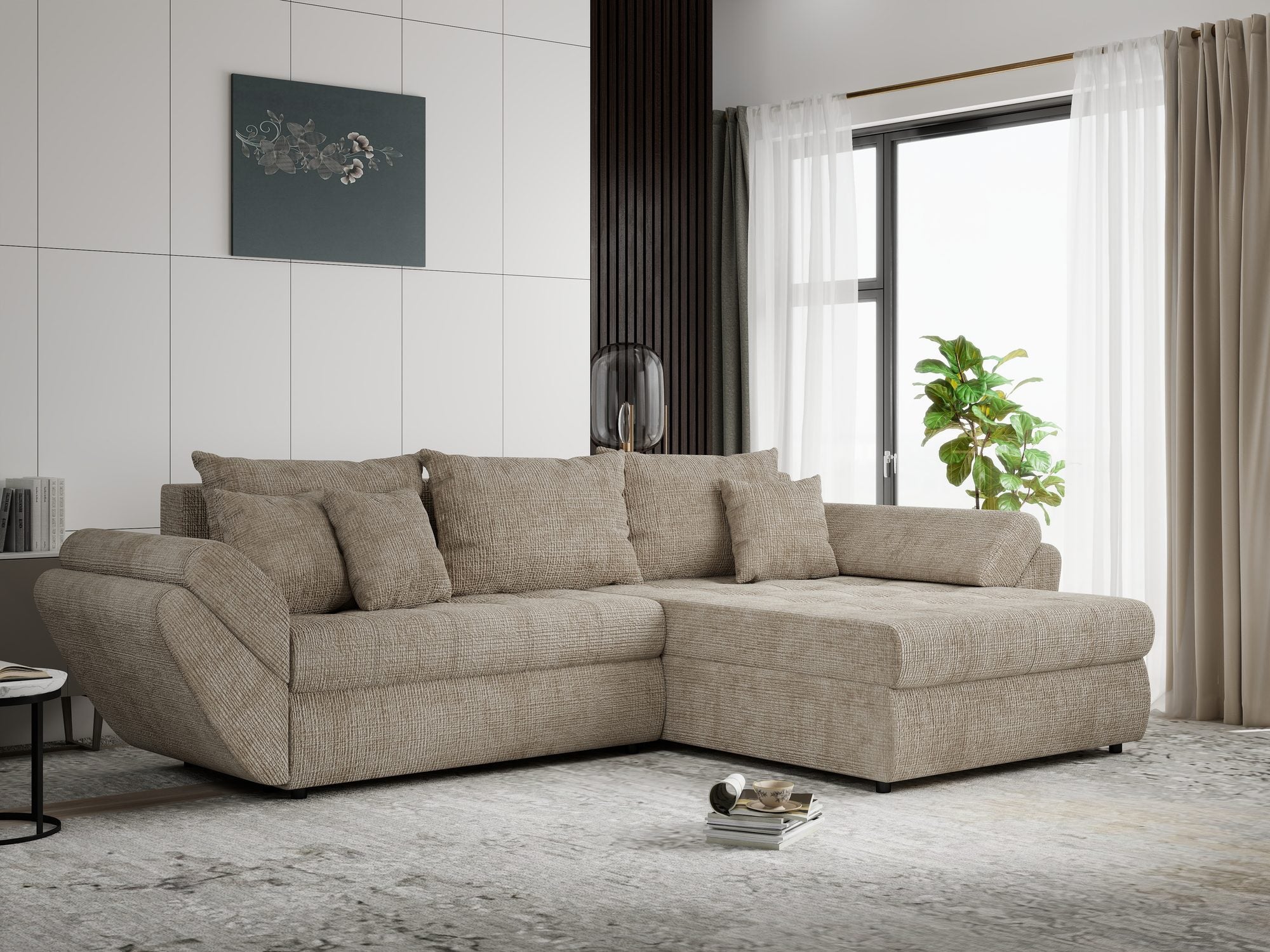 Colțar extensibil dumonde cu ladă de depozitare si sezut confortabil din spuma high-density, Loana Cremona Bej II 270x185 cm