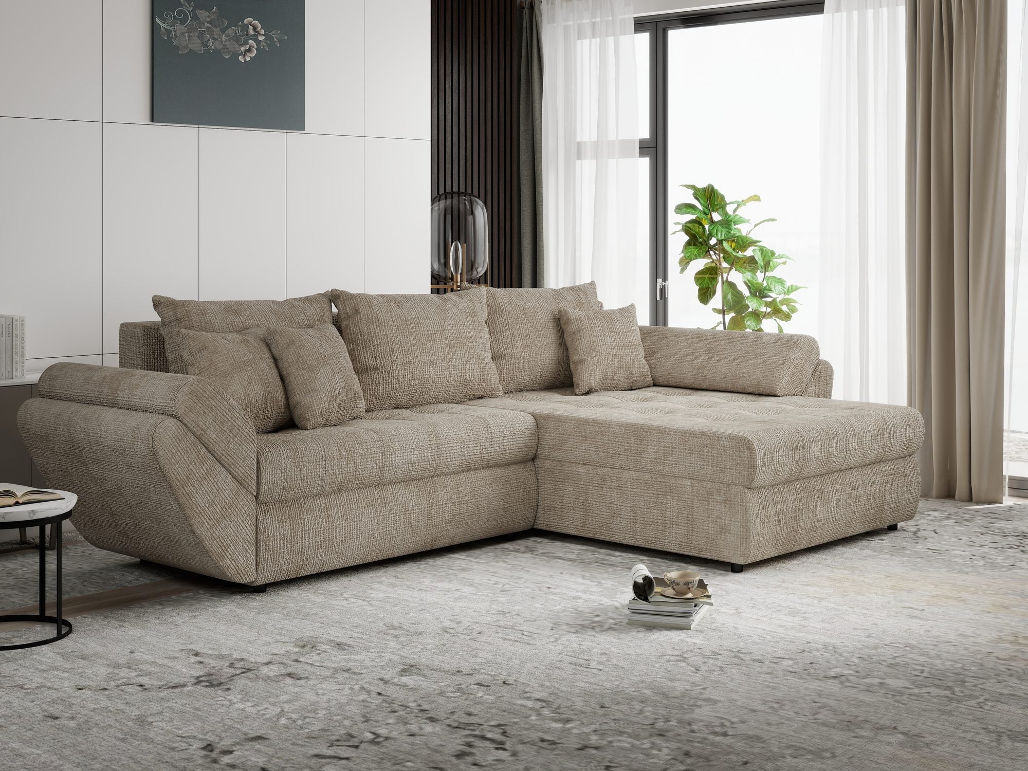 Colțar extensibil dumonde cu ladă de depozitare si sezut confortabil din spuma high-density, Loana Cremona Bej II 270x185 cm