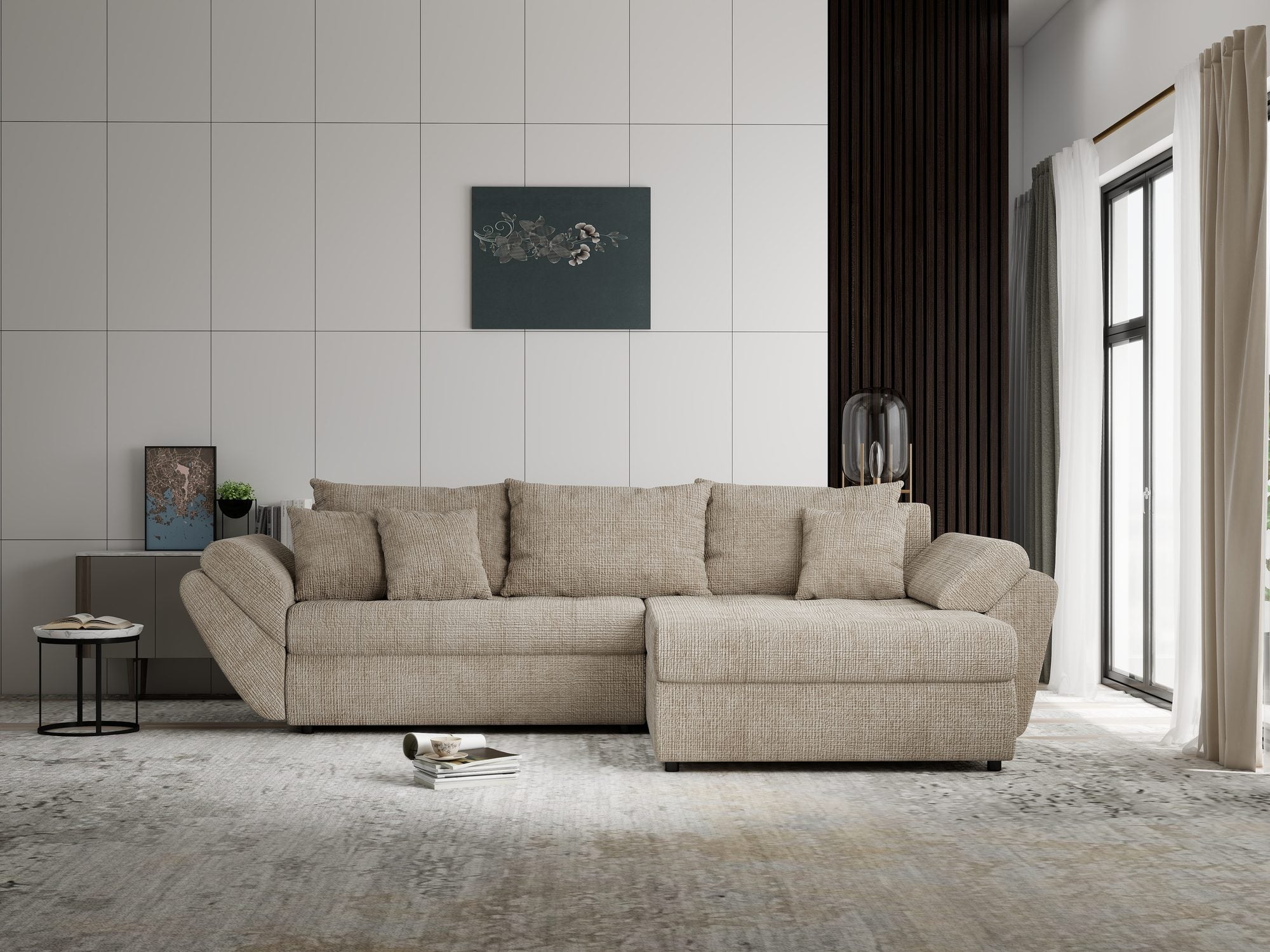 Colțar extensibil dumonde cu ladă de depozitare si sezut confortabil din spuma high-density, Loana Cremona Bej II 270x185 cm