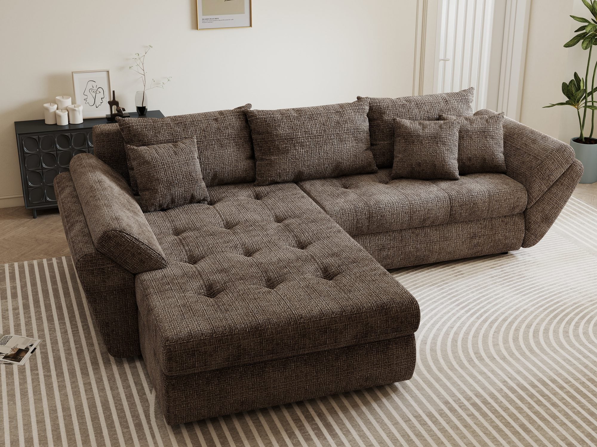 Colțar extensibil dumonde cu ladă de depozitare si sezut confortabil din spuma high-density, Loana Cremona Maro-bej 270x185 cm