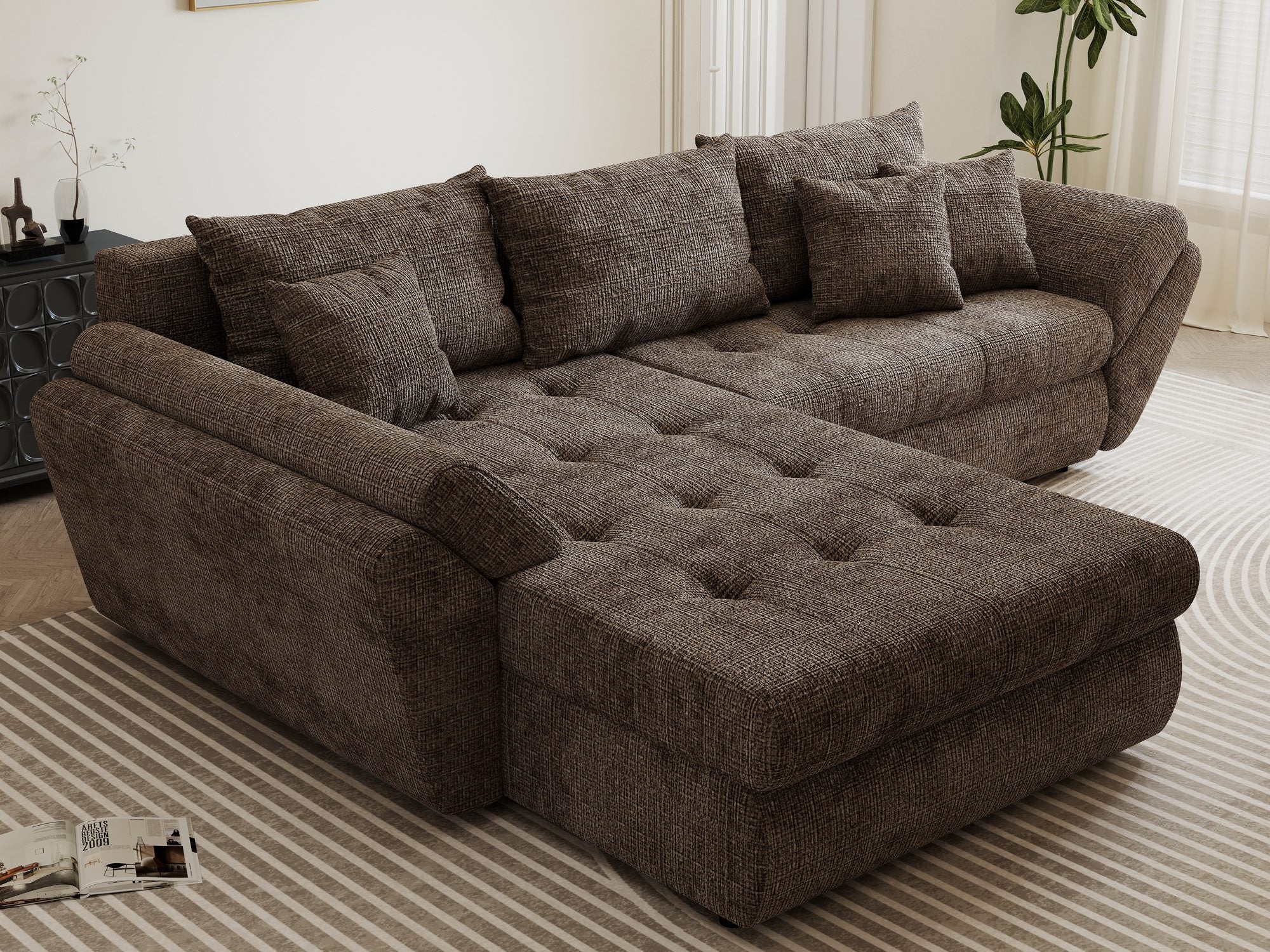 Colțar extensibil dumonde cu ladă de depozitare si sezut confortabil din spuma high-density, Loana Cremona Maro-bej 270x185 cm