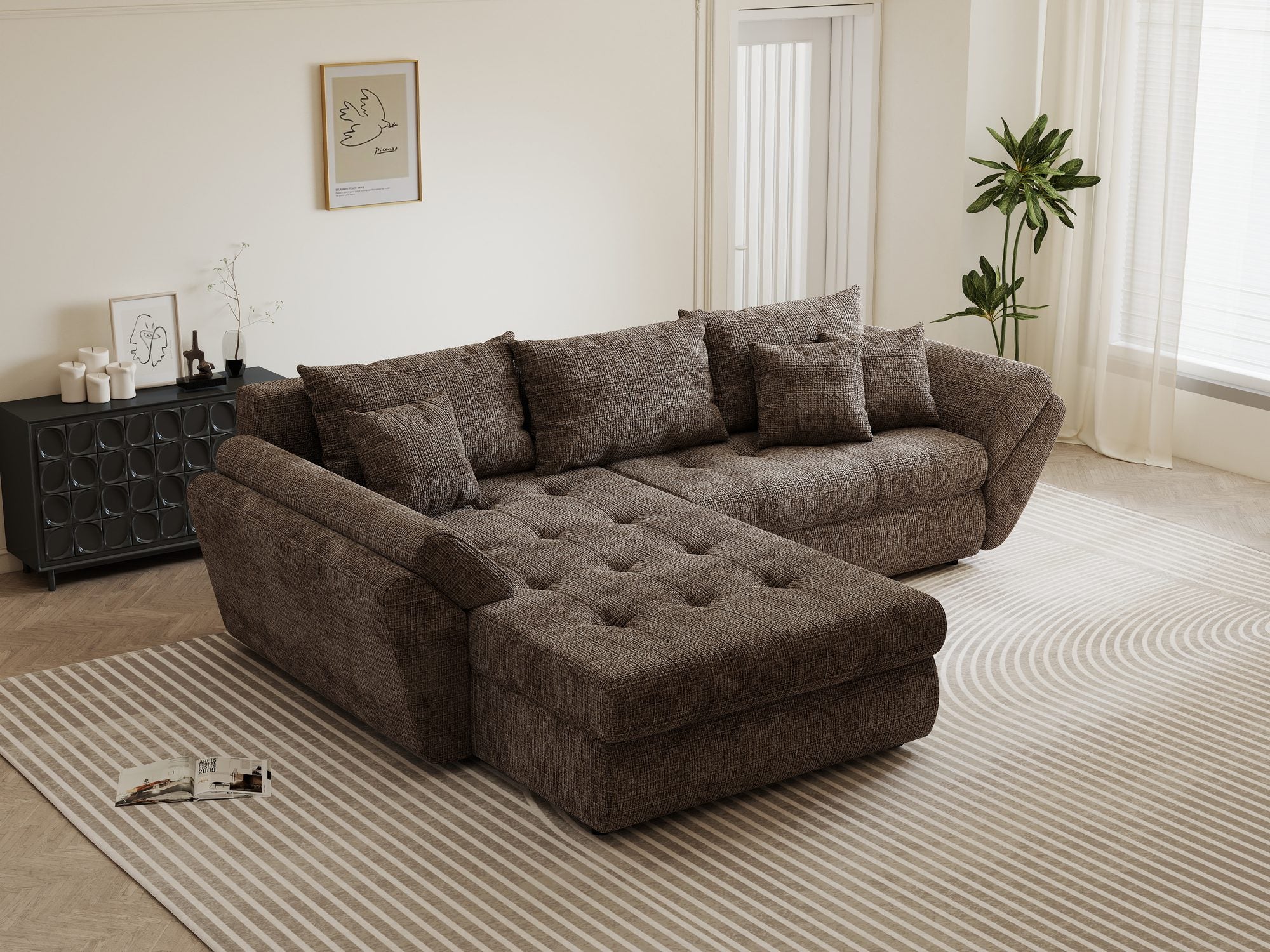 Colțar extensibil dumonde cu ladă de depozitare si sezut confortabil din spuma high-density, Loana Cremona Maro-bej 270x185 cm