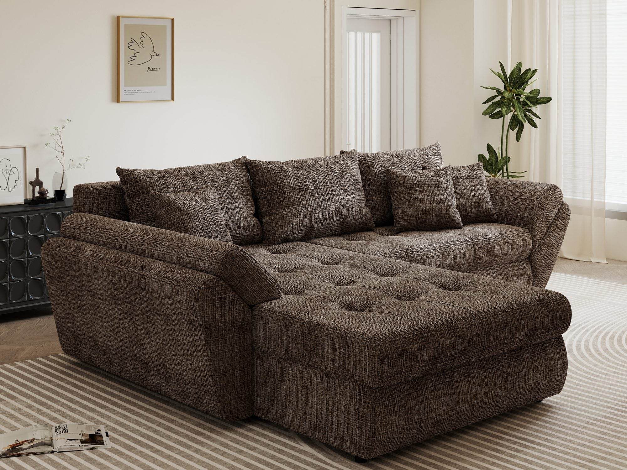 Colțar extensibil dumonde cu ladă de depozitare si sezut confortabil din spuma high-density, Loana Cremona Maro-bej 270x185 cm