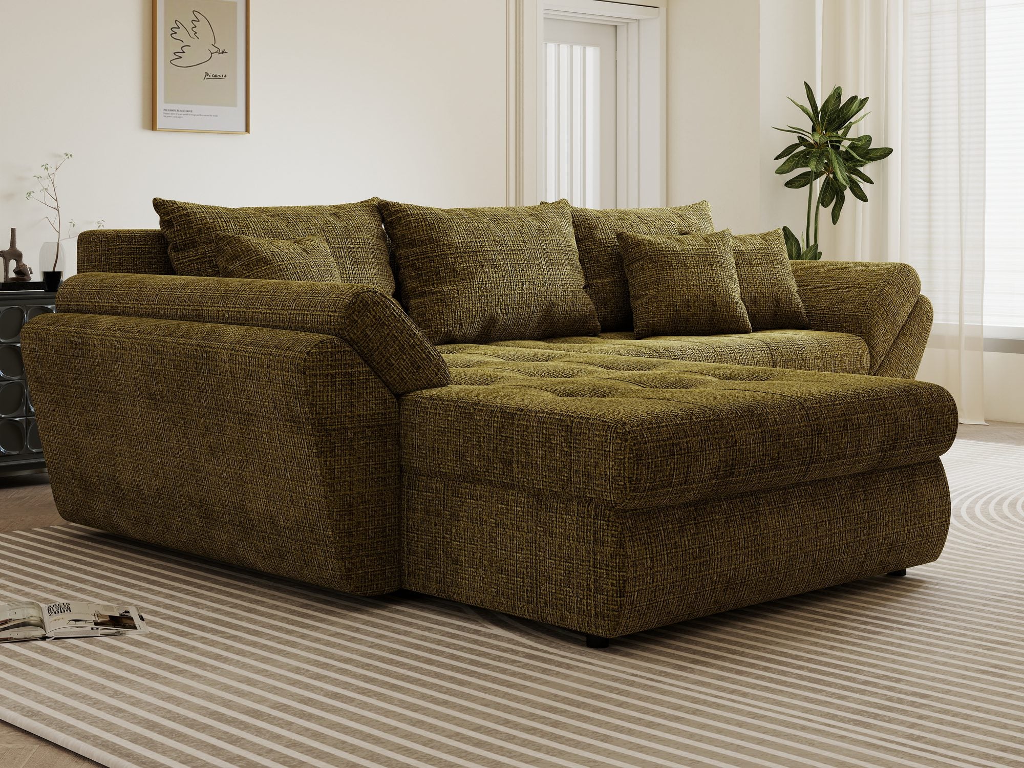 Colțar extensibil dumonde cu ladă de depozitare si sezut confortabil din spuma high-density, Loana Cremona Olive 270x185 cm
