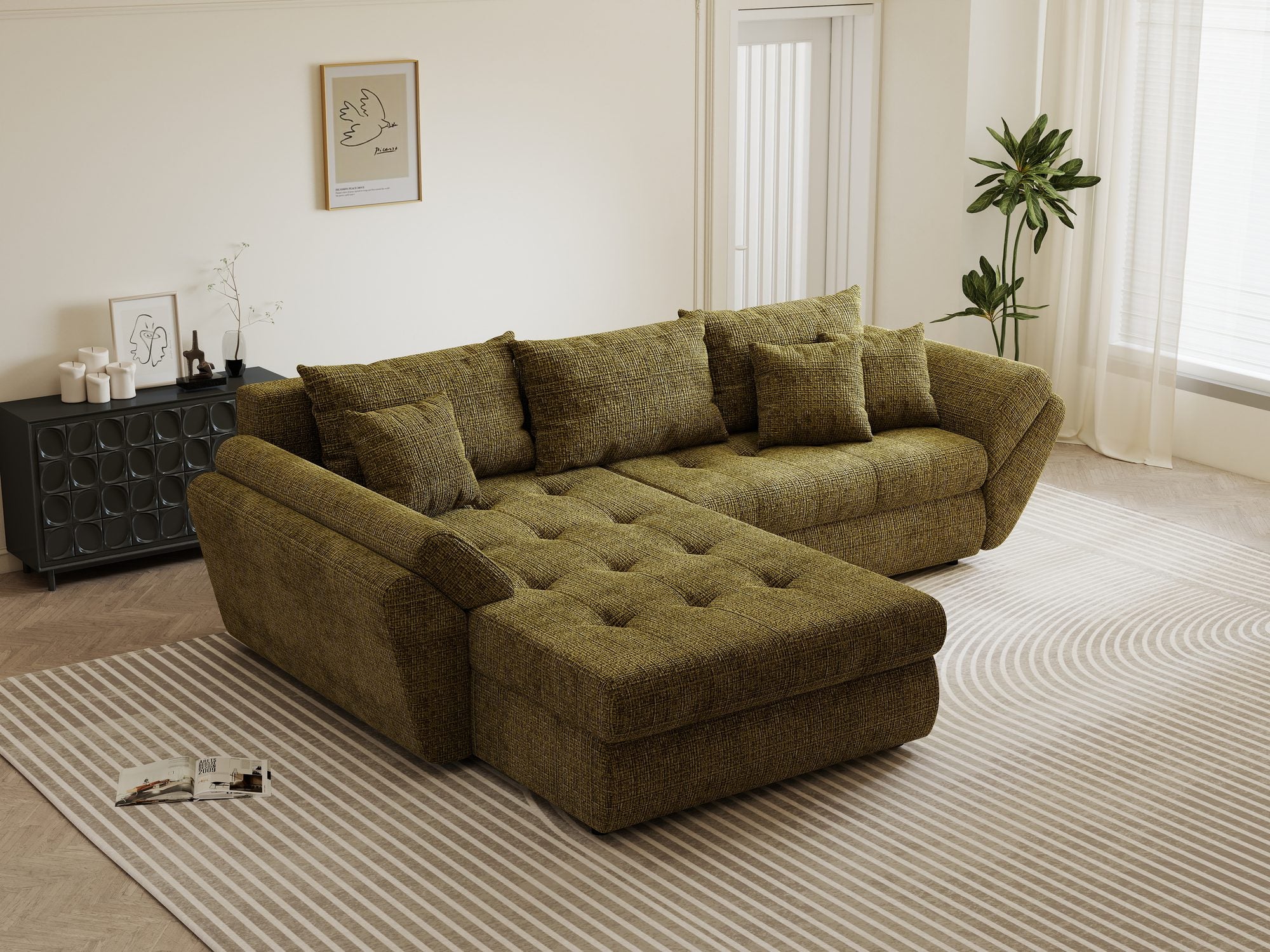 Colțar extensibil dumonde cu ladă de depozitare si sezut confortabil din spuma high-density, Loana Cremona Olive 270x185 cm