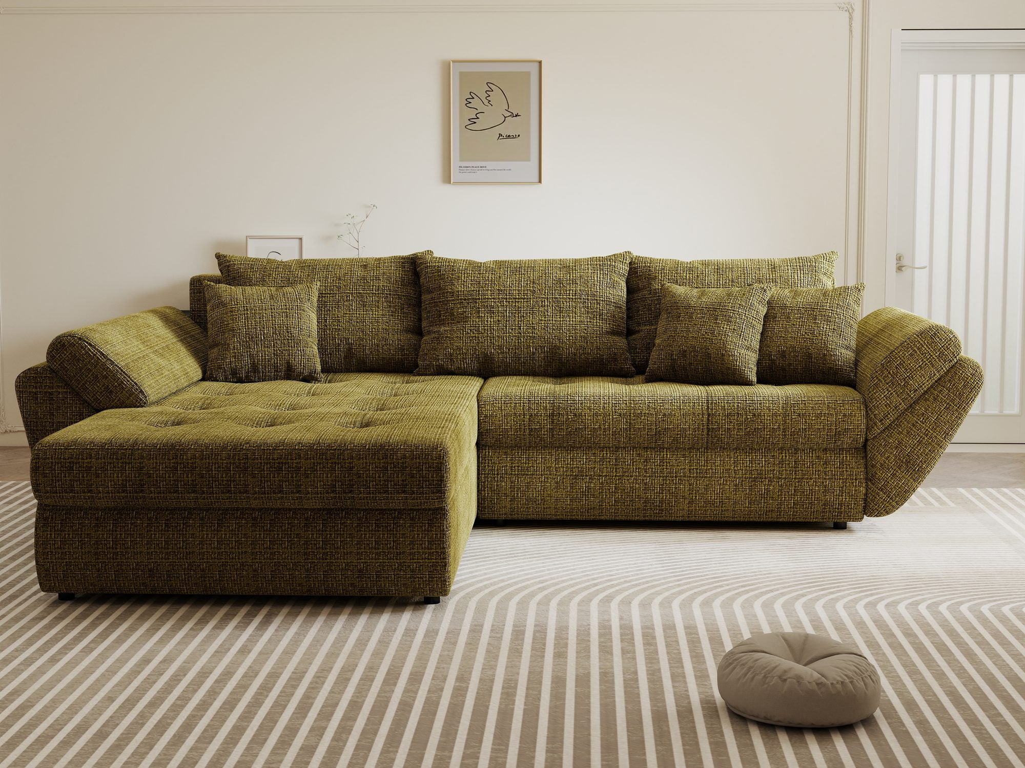 Colțar extensibil dumonde cu ladă de depozitare si sezut confortabil din spuma high-density, Loana Cremona Olive 270x185 cm