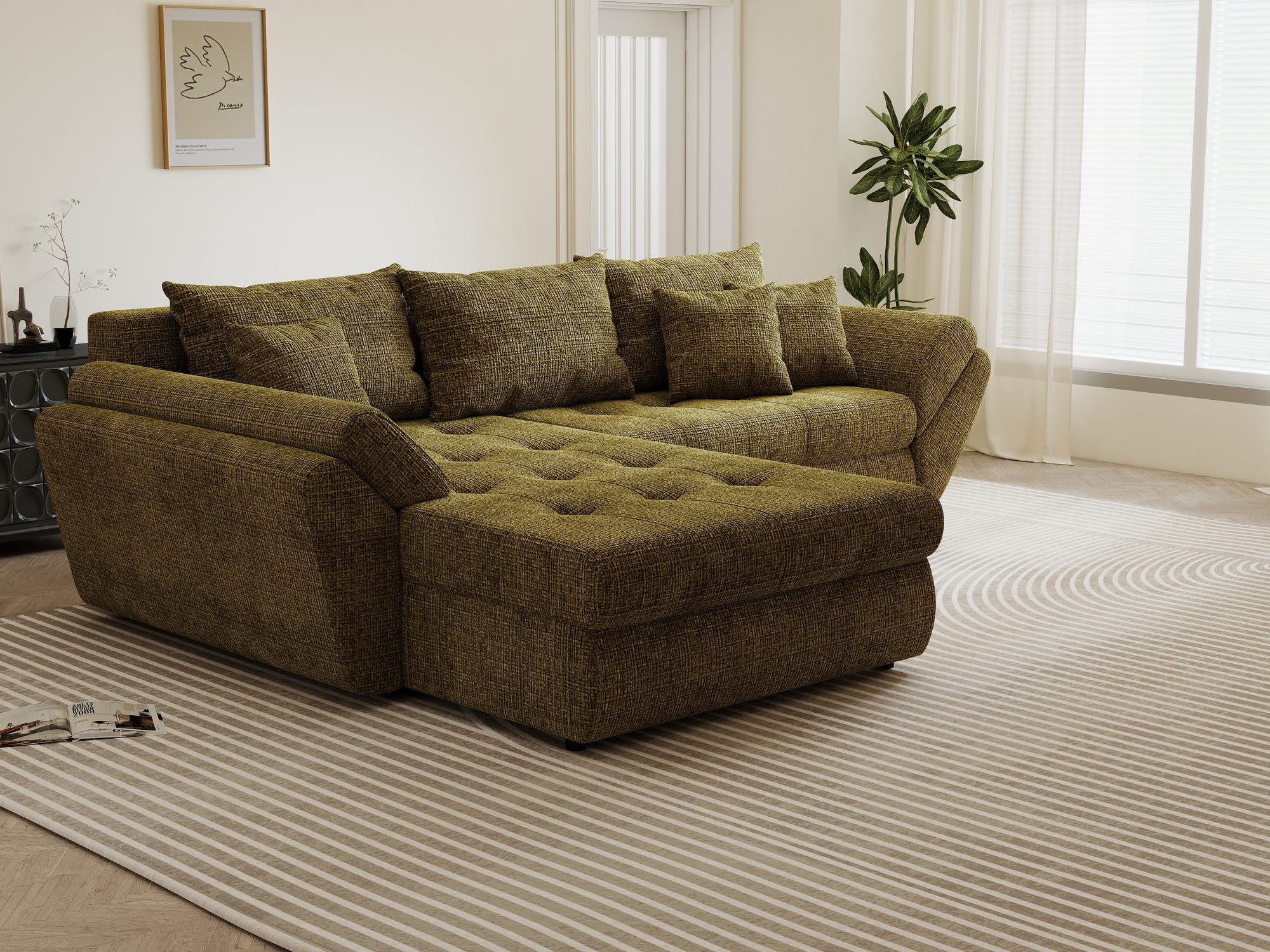 Colțar extensibil dumonde cu ladă de depozitare si sezut confortabil din spuma high-density, Loana Cremona Olive 270x185 cm