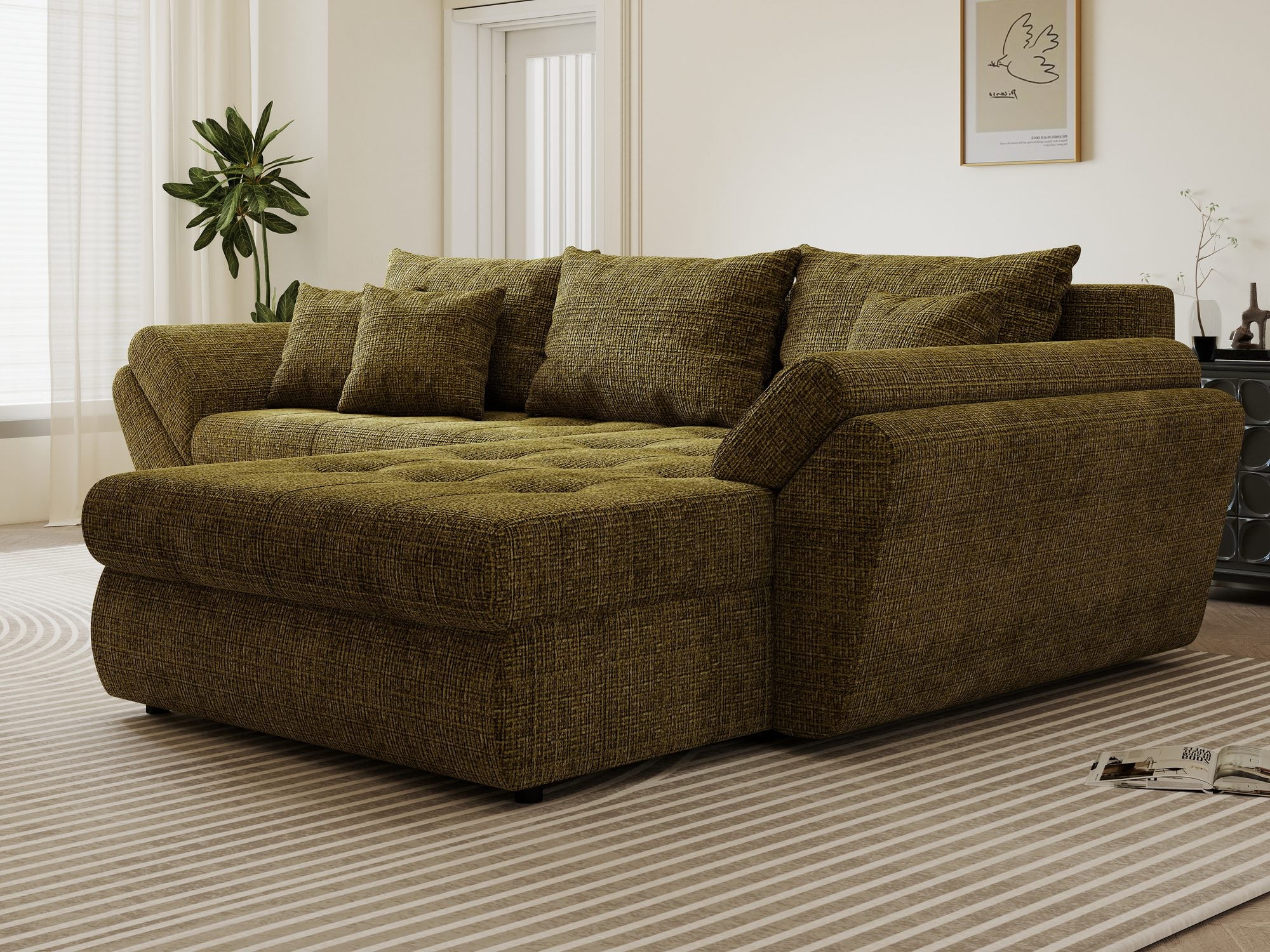 Colțar extensibil dumonde cu ladă de depozitare si sezut confortabil din spuma high-density, Loana Cremona Olive II 270x185 cm