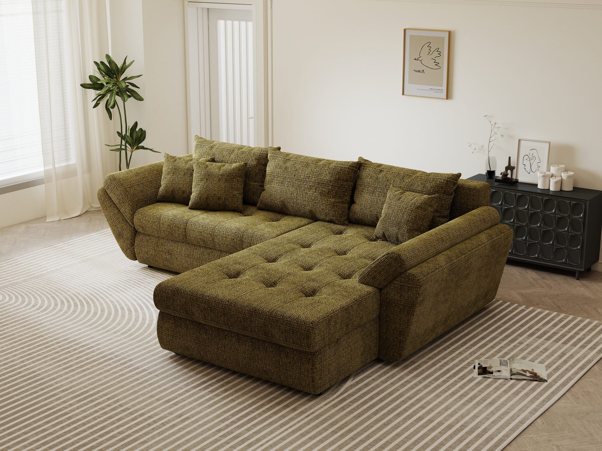 Colțar extensibil dumonde cu ladă de depozitare si sezut confortabil din spuma high-density, Loana Cremona Olive II 270x185 cm