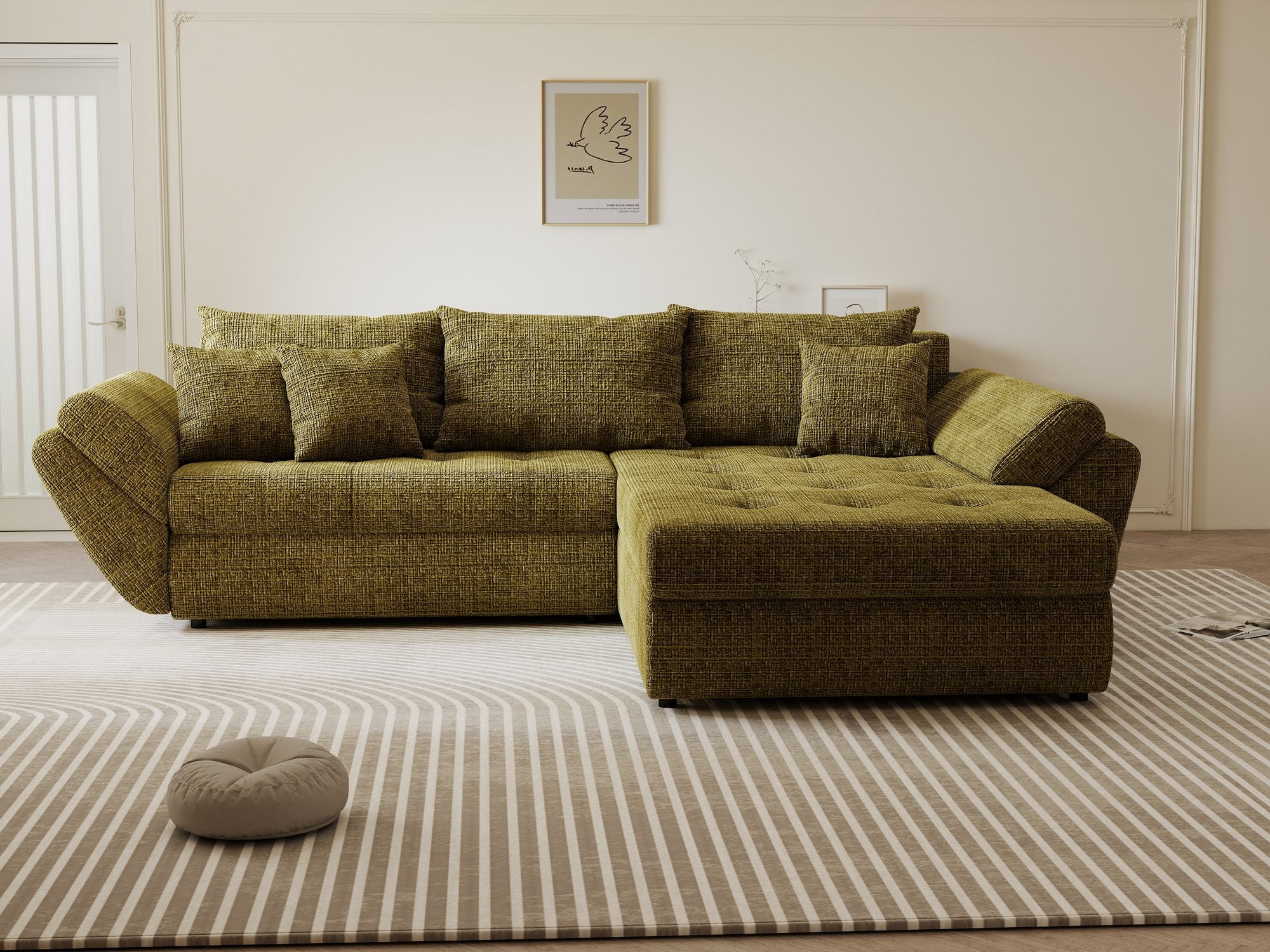 Colțar extensibil dumonde cu ladă de depozitare si sezut confortabil din spuma high-density, Loana Cremona Olive II 270x185 cm